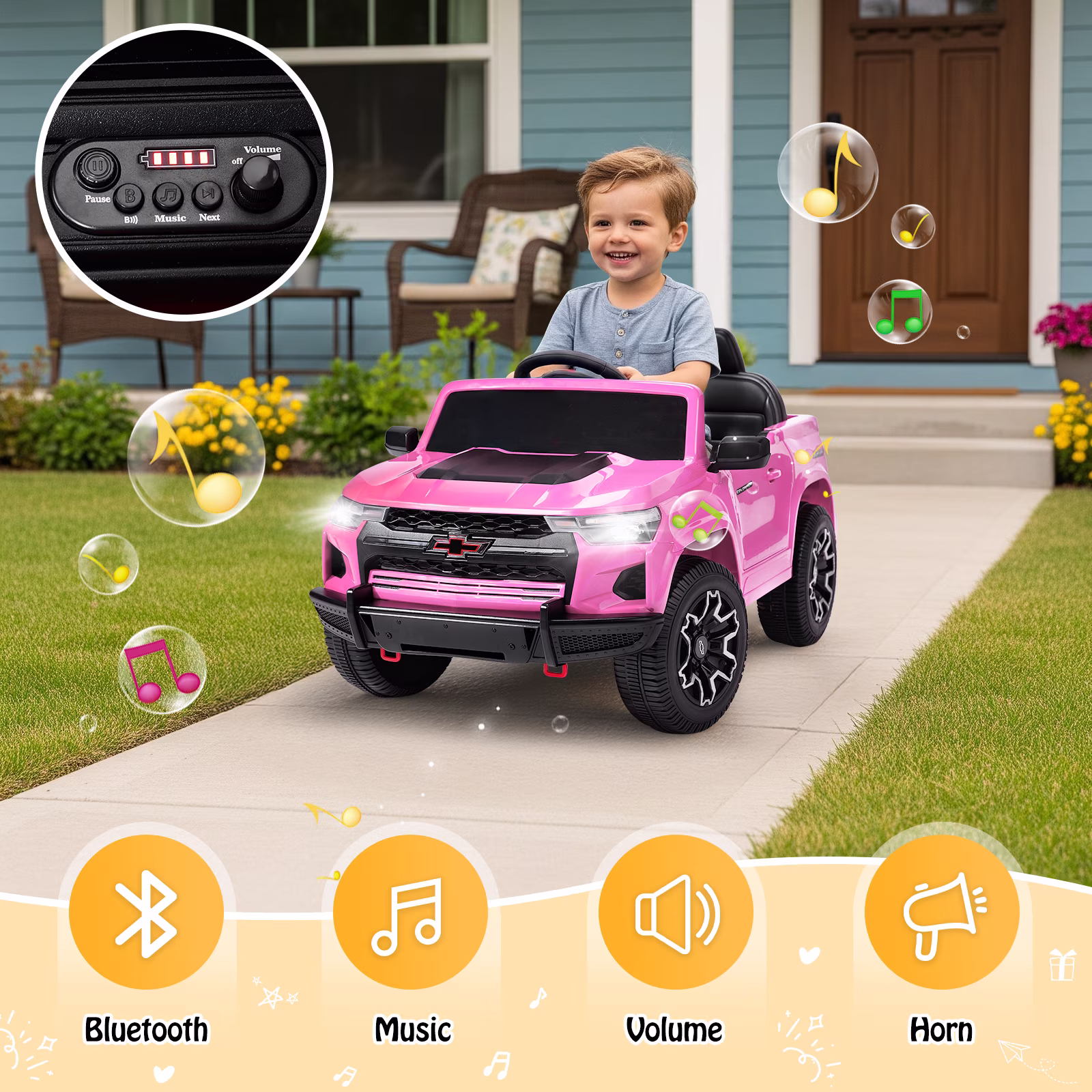 UBesGoo 12V Licensed Chevrolet Colorado Electric Ride on Car Toy for Toddler Kid w/ Remote Control, LED Lights, Pink - Image 3