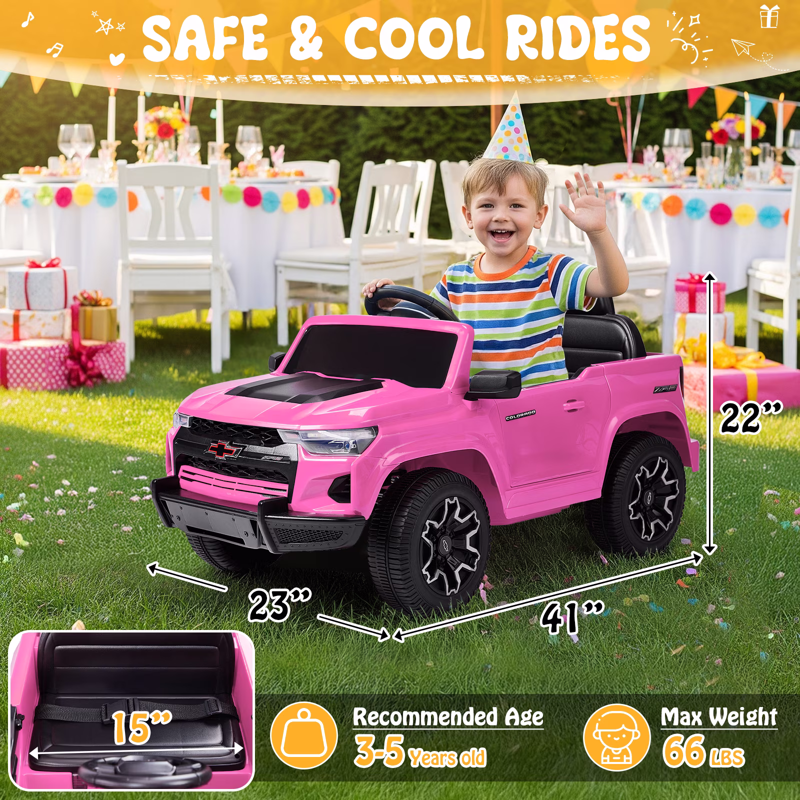 UBesGoo 12V Licensed Chevrolet Colorado Electric Ride on Car Toy for Toddler Kid w/ Remote Control, LED Lights, Pink - Image 5