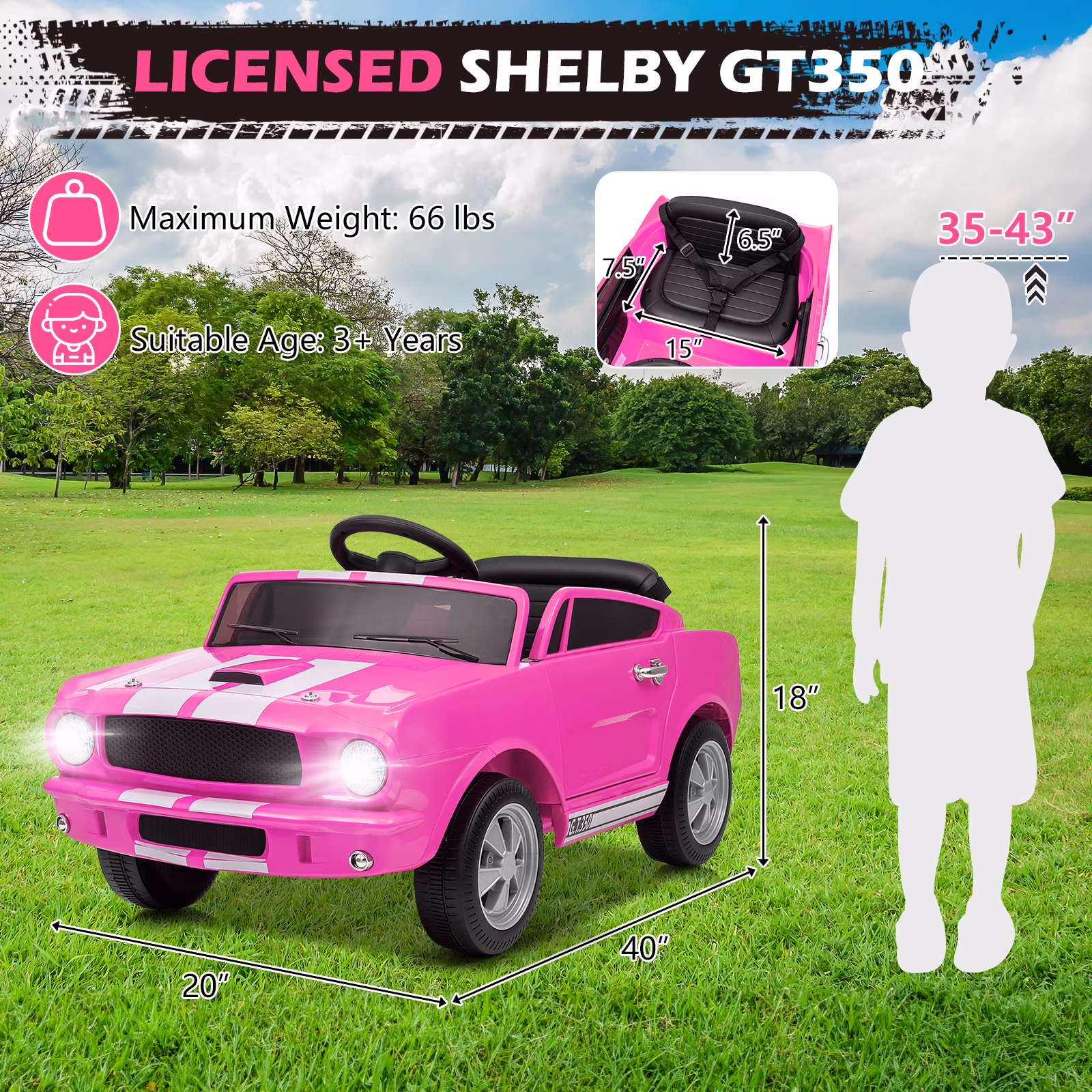 UBesGoo 12V Licensed Shelby Electric Ride on Car, Kids Powered Ride On Toy Car, w/ Parent Remote Control, Pink - Image 3