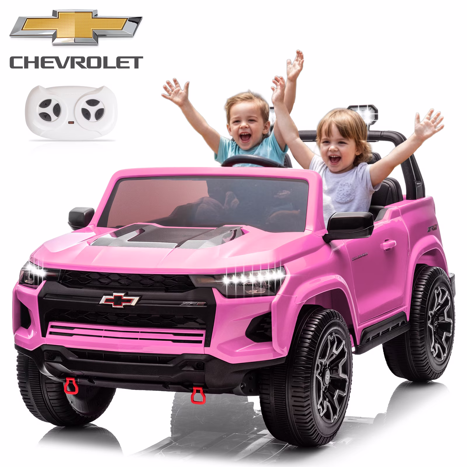 UBesGoo 24V 2 Seat Licensed Chevrolet Colorado Electric Ride on Car Toy for Toddler Kid w/ Remote Control, LED Lights, Pink
