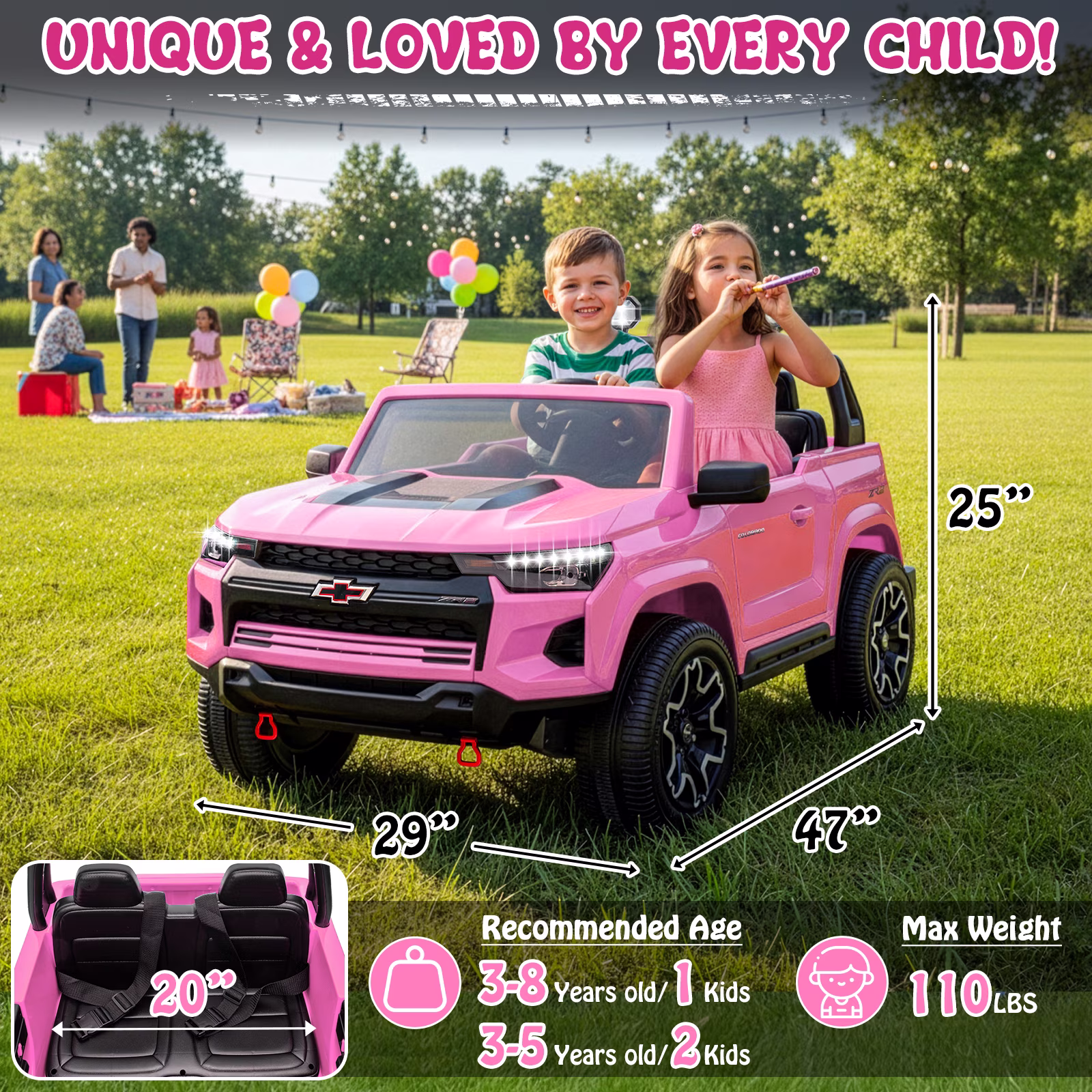 UBesGoo 24V 2 Seat Licensed Chevrolet Colorado Electric Ride on Car Toy for Toddler Kid w/ Remote Control, LED Lights, Pink - Image 5