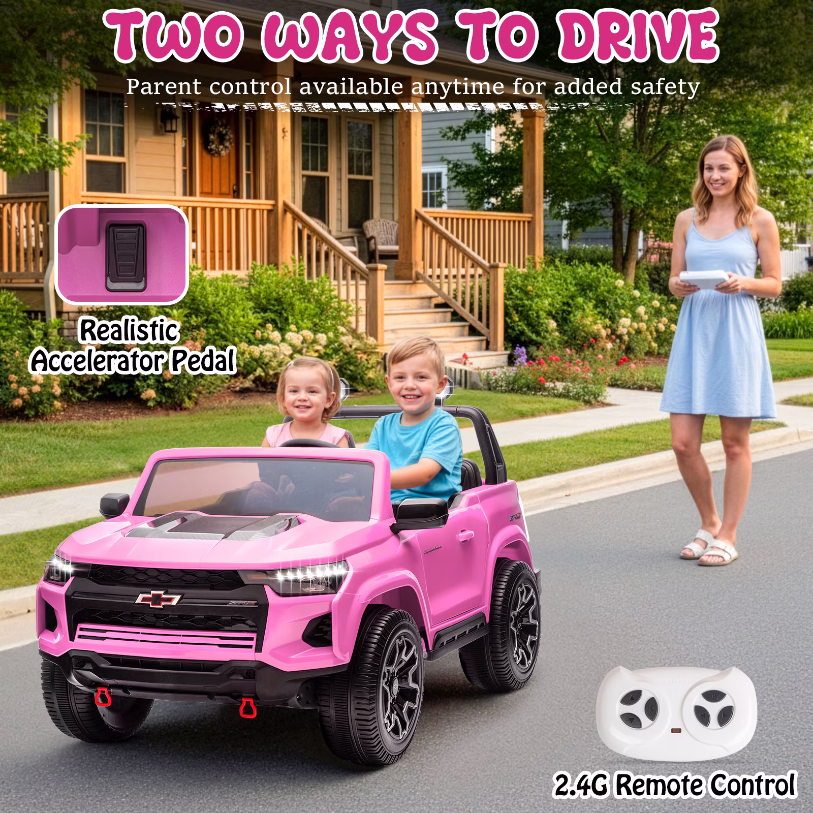 UBesGoo 24V 2 Seat Licensed Chevrolet Colorado Electric Ride on Car Toy for Toddler Kid w/ Remote Control, LED Lights, Pink - Image 2