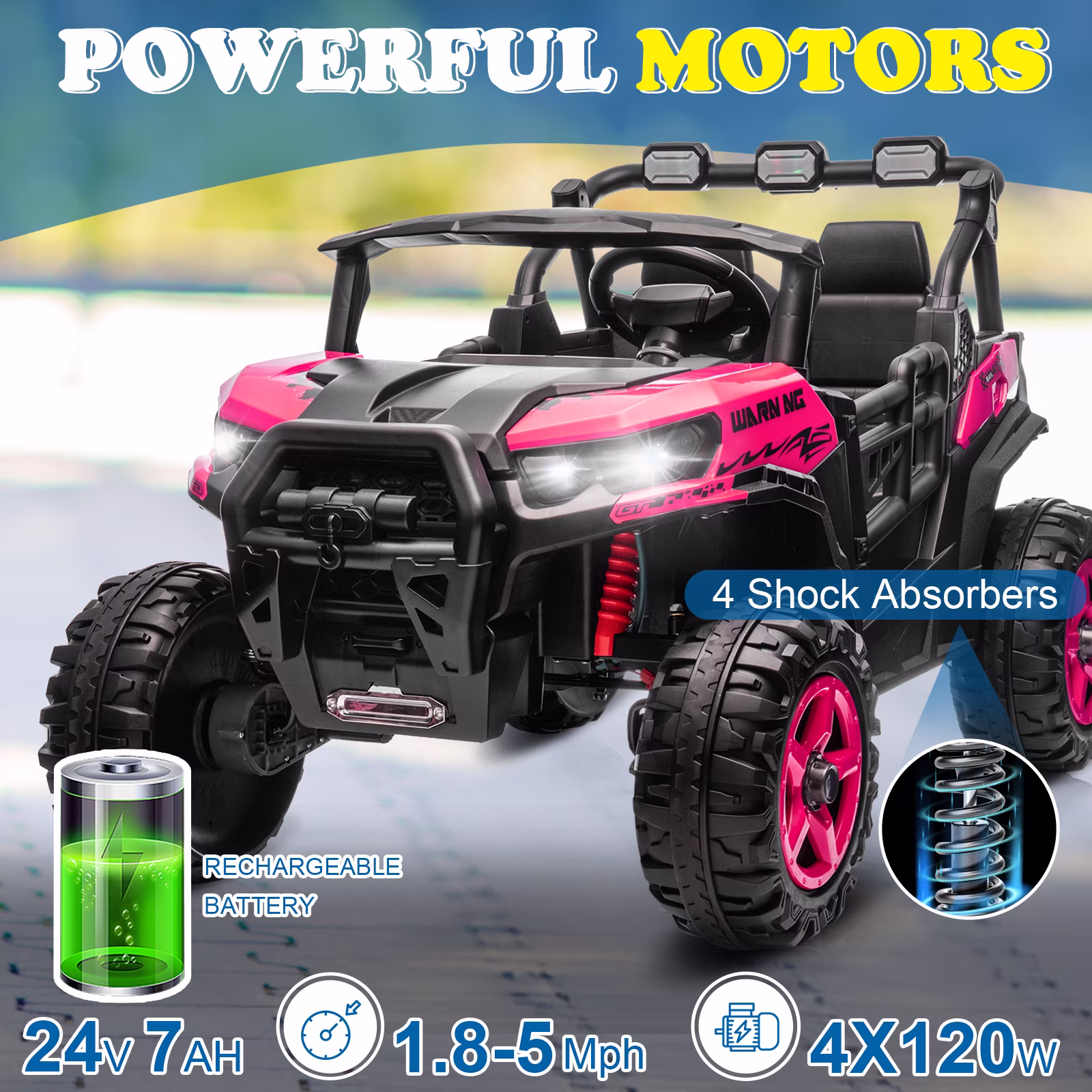 UBesGoo 24V Ride On Car UTV, 2WD/4WD 2 Seater Kid Electric Power Wheels with Remote Control, LED Lights, Spring Suspension, Music, Pink - Image 2