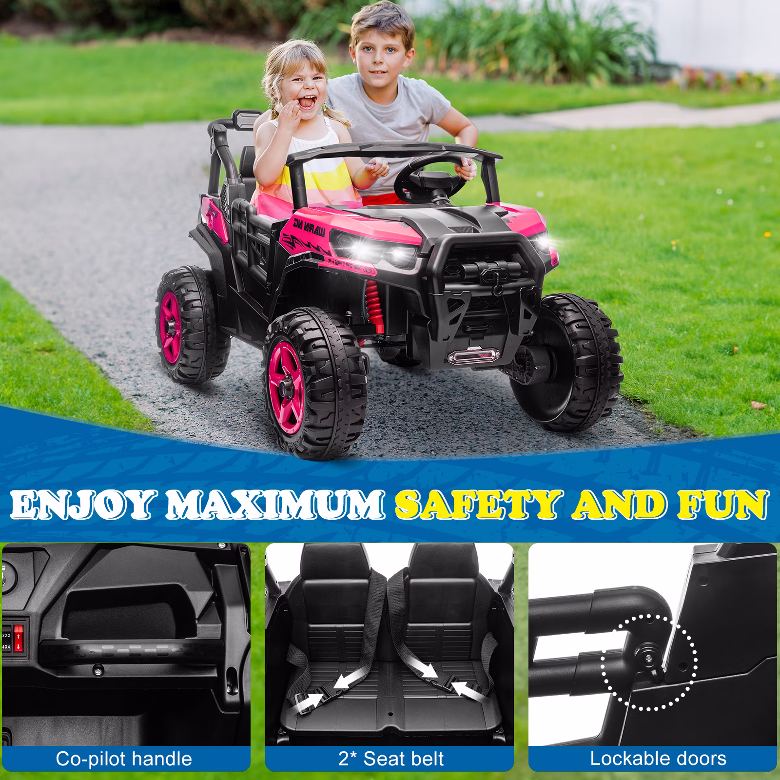 UBesGoo 24V Ride On Car UTV, 2WD/4WD 2 Seater Kid Electric Power Wheels with Remote Control, LED Lights, Spring Suspension, Music, Pink - Image 3