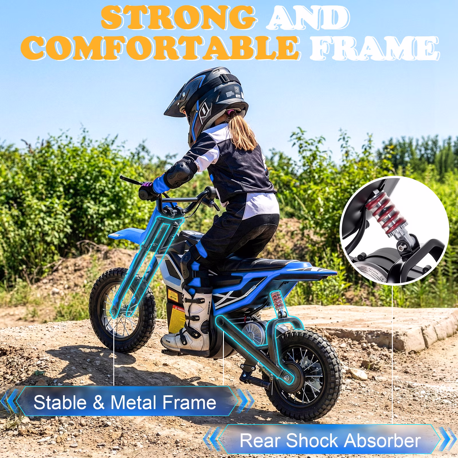 UBesGoo Electric Dirt Bike, 24V 250W Ride on Toys for Big Kids with Music & Bluetooth, 14 mph Twist-Grip Throttle & Hand-Operated Rear Brake, Blue - Image 3