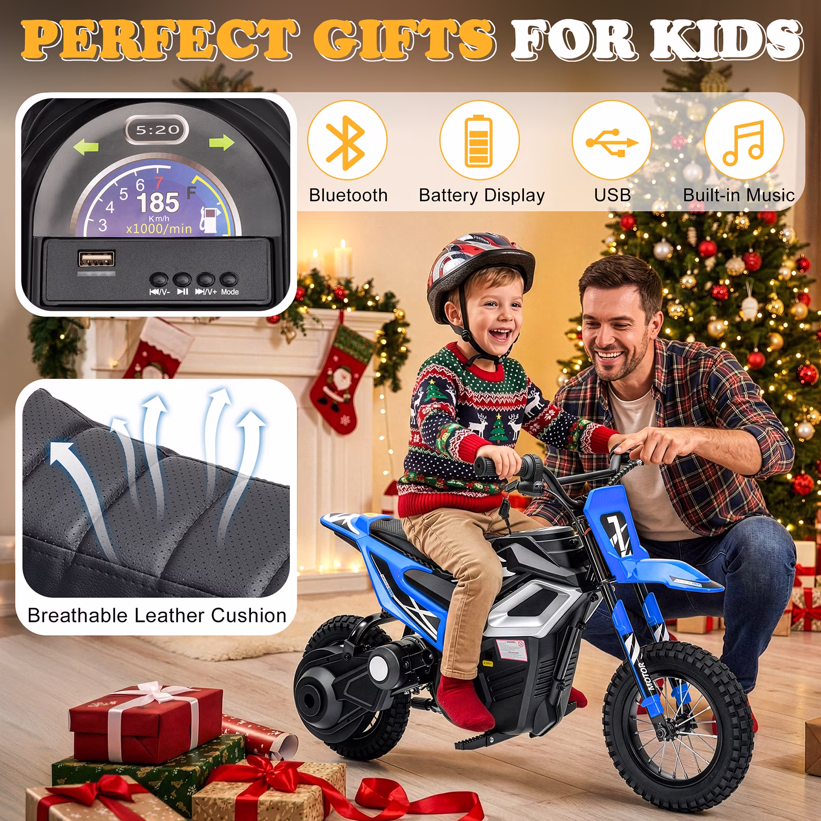 UBesGoo Electric Dirt Bike, 24V 250W Ride on Toys for Big Kids with Music & Bluetooth, 14 mph Twist-Grip Throttle & Hand-Operated Rear Brake, Blue - Image 4