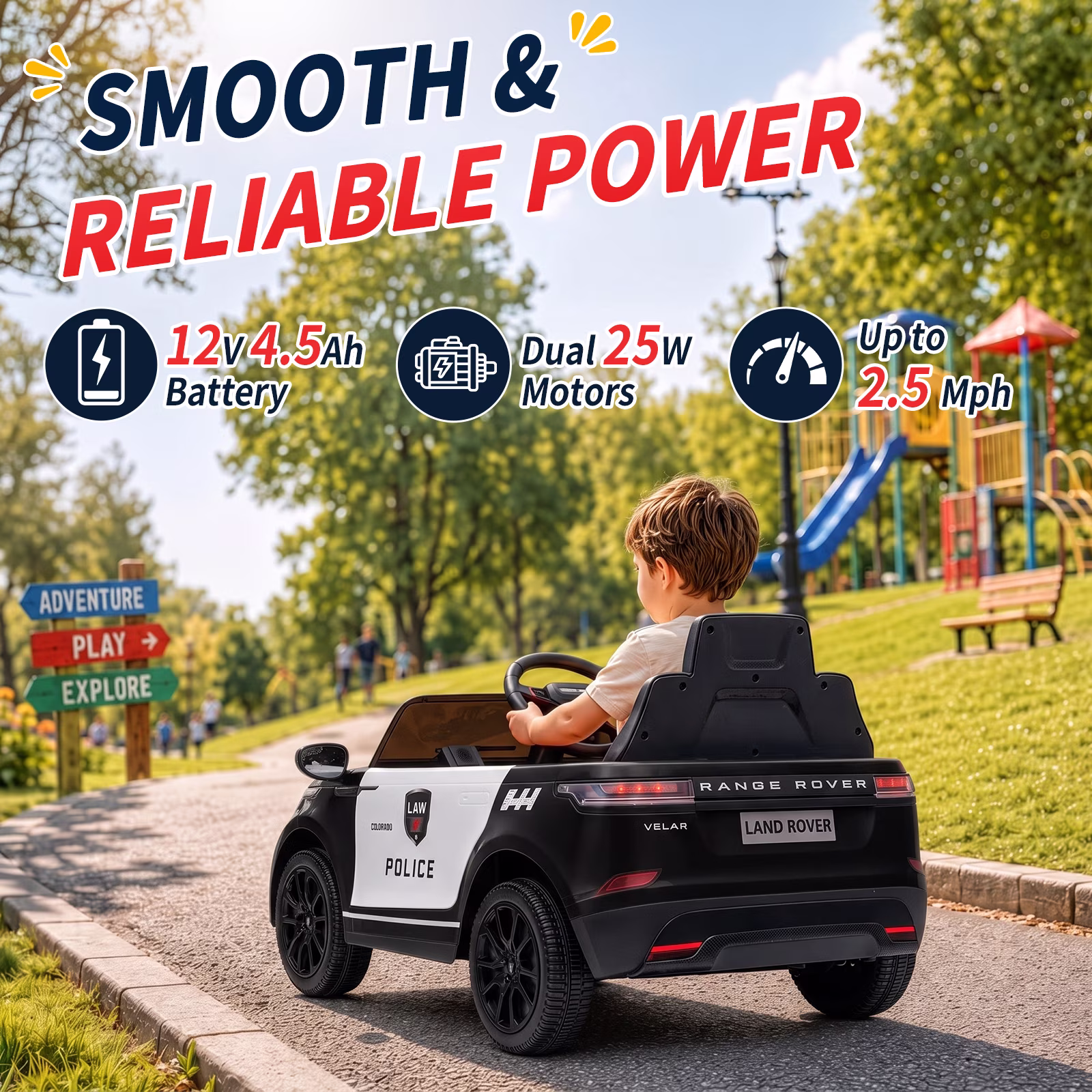 UBesGoo Licensed Land Rover 12V Ride On Police Car, Powered Ride on with Siren Remote Control & Bluetooth, Ages 2-5, Black - Image 3