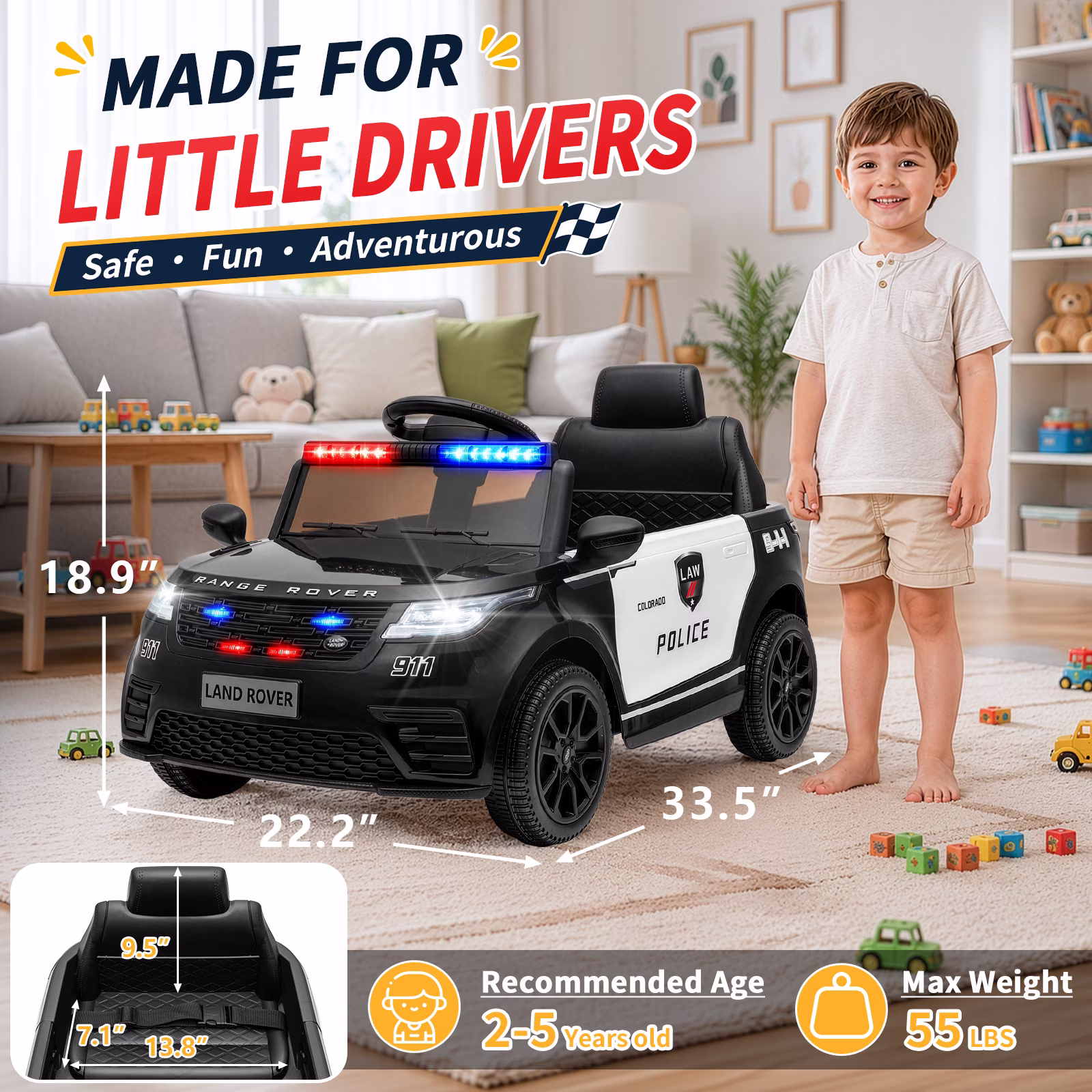 UBesGoo Licensed Land Rover 12V Ride On Police Car, Powered Ride on with Siren Remote Control & Bluetooth, Ages 2-5, Black - Image 2