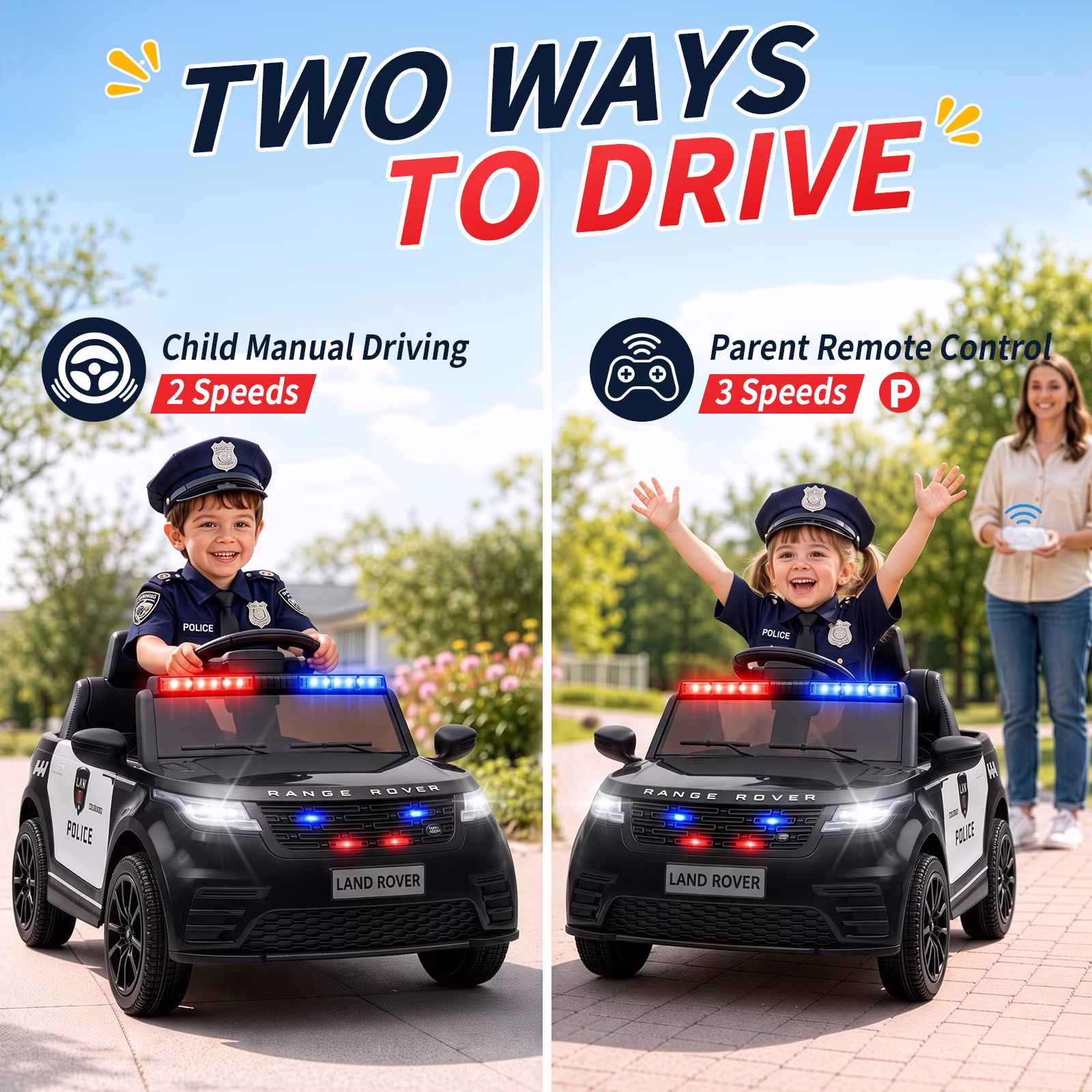 UBesGoo Licensed Land Rover 12V Ride On Police Car, Powered Ride on with Siren Remote Control & Bluetooth, Ages 2-5, Black - Image 5