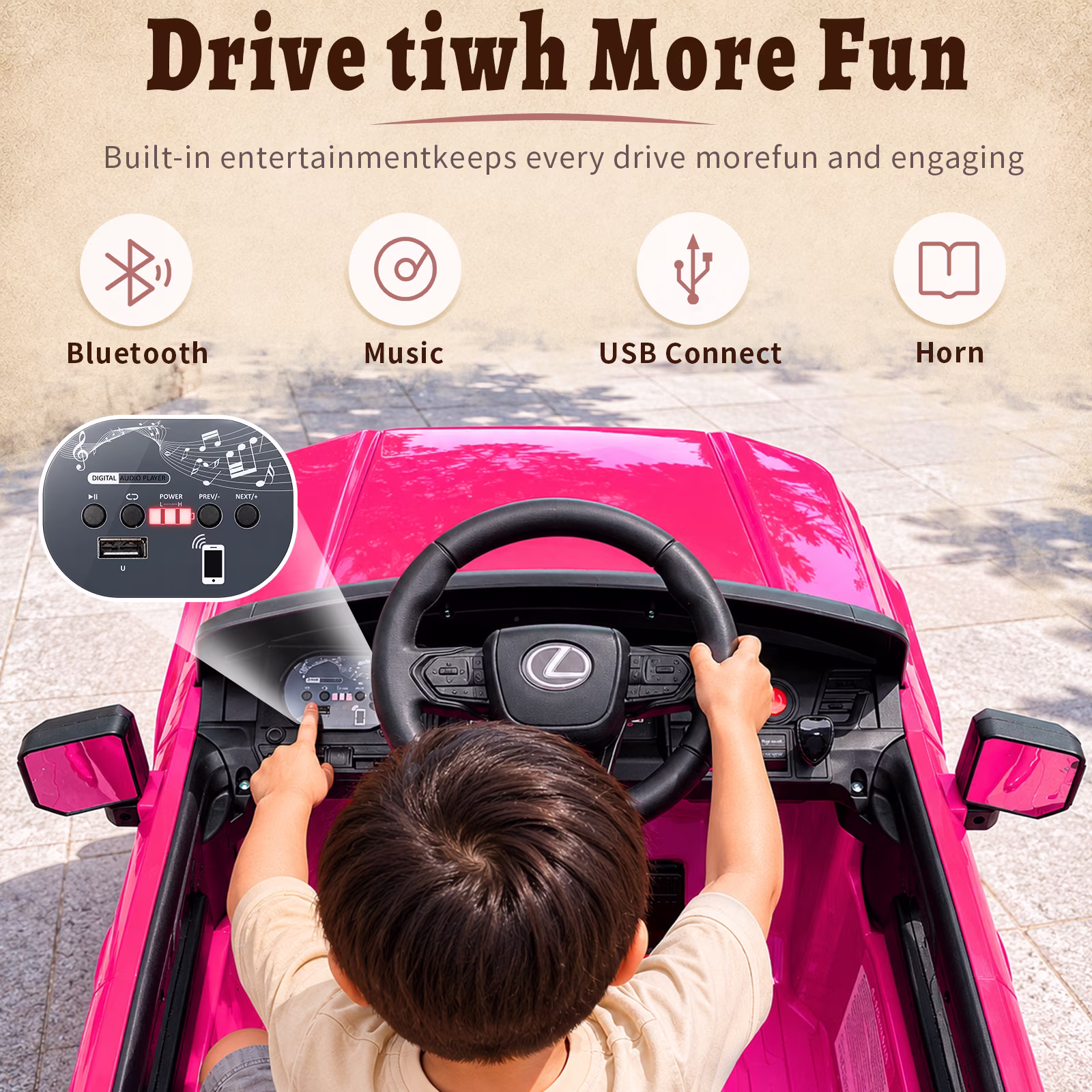 UBesGoo Licensed Lexus 24V Powered Ride on Car Toy for Kids, Electric Car with Remote Control, LED Lights, Bluetooth, Age 3+, Pink - Image 5