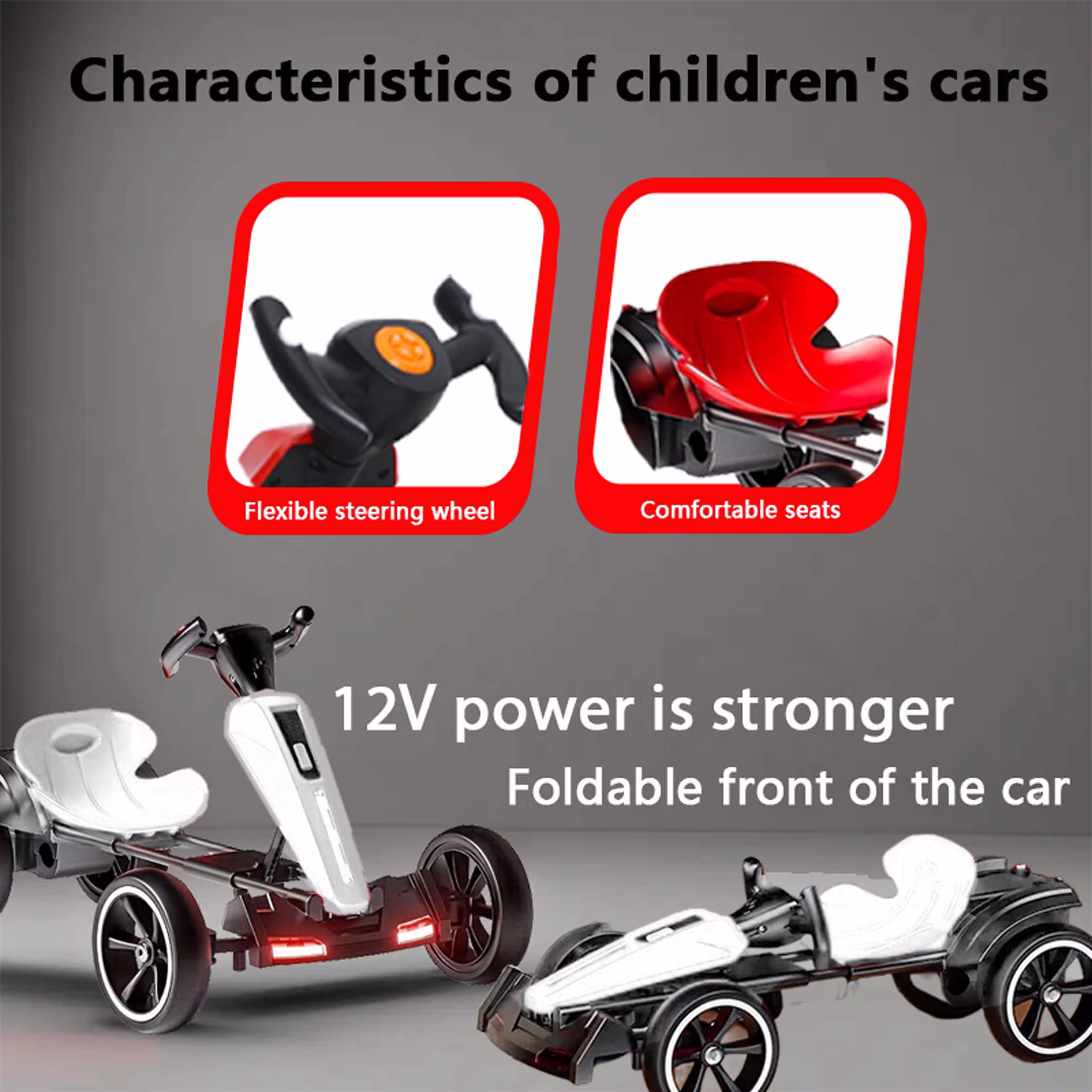 Ucades 12V Powered Pedal Go Kart, Ride on Toys Go Kart for Kids Boys Girls, Kids Ride on Go Cart with Music, LED Light, Horn, Forward Backward, Kids Birthday Gifts for 3-6 Ages, White - Image 4