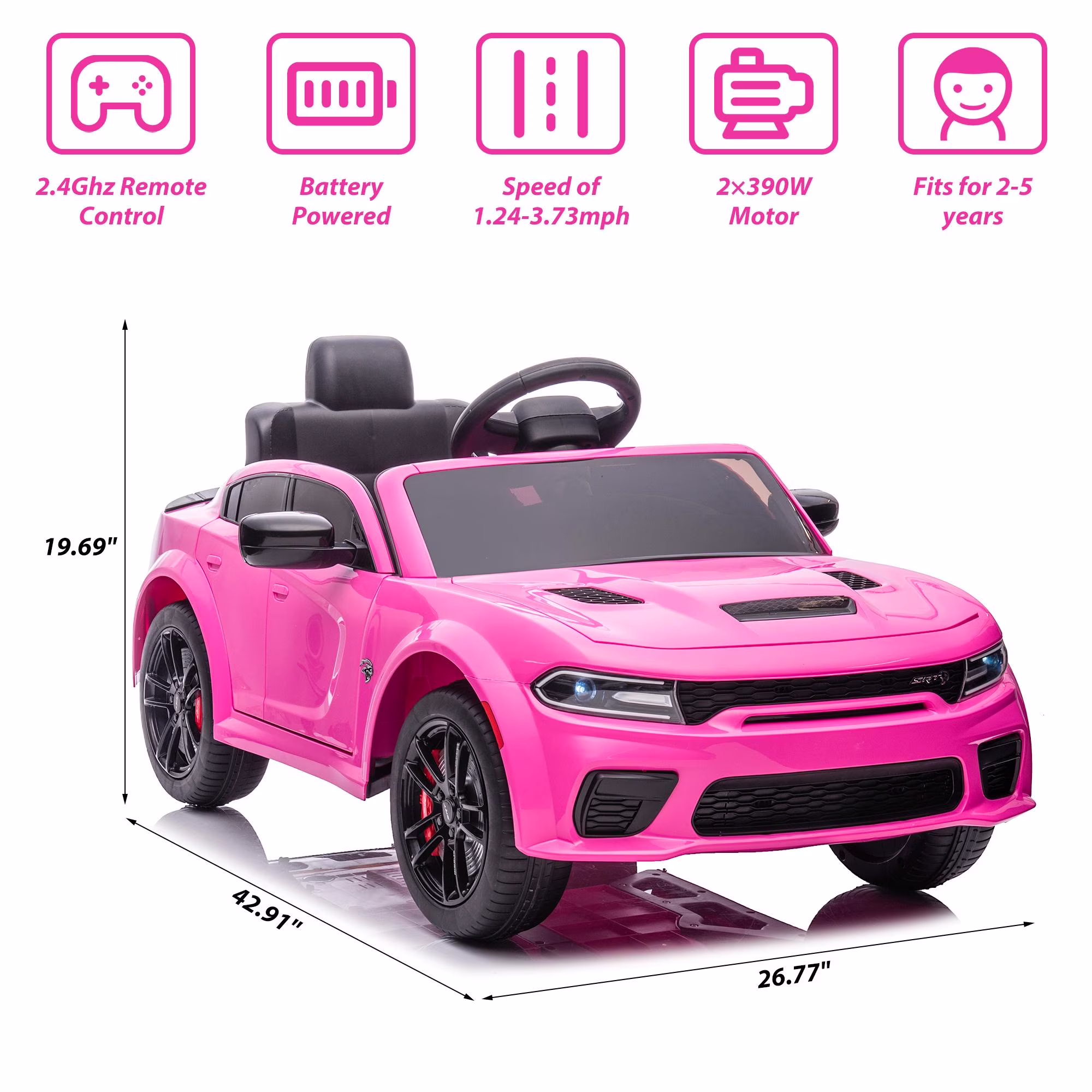 Ucades 12V Powered Ride on Toys, Licensed Dodge Charger Kids Ride on Cars with Remote Control, Kids Electric Cars with Bluetooth, Music, USB, MP3, 4 Wheel Suspension, Pink - Image 2