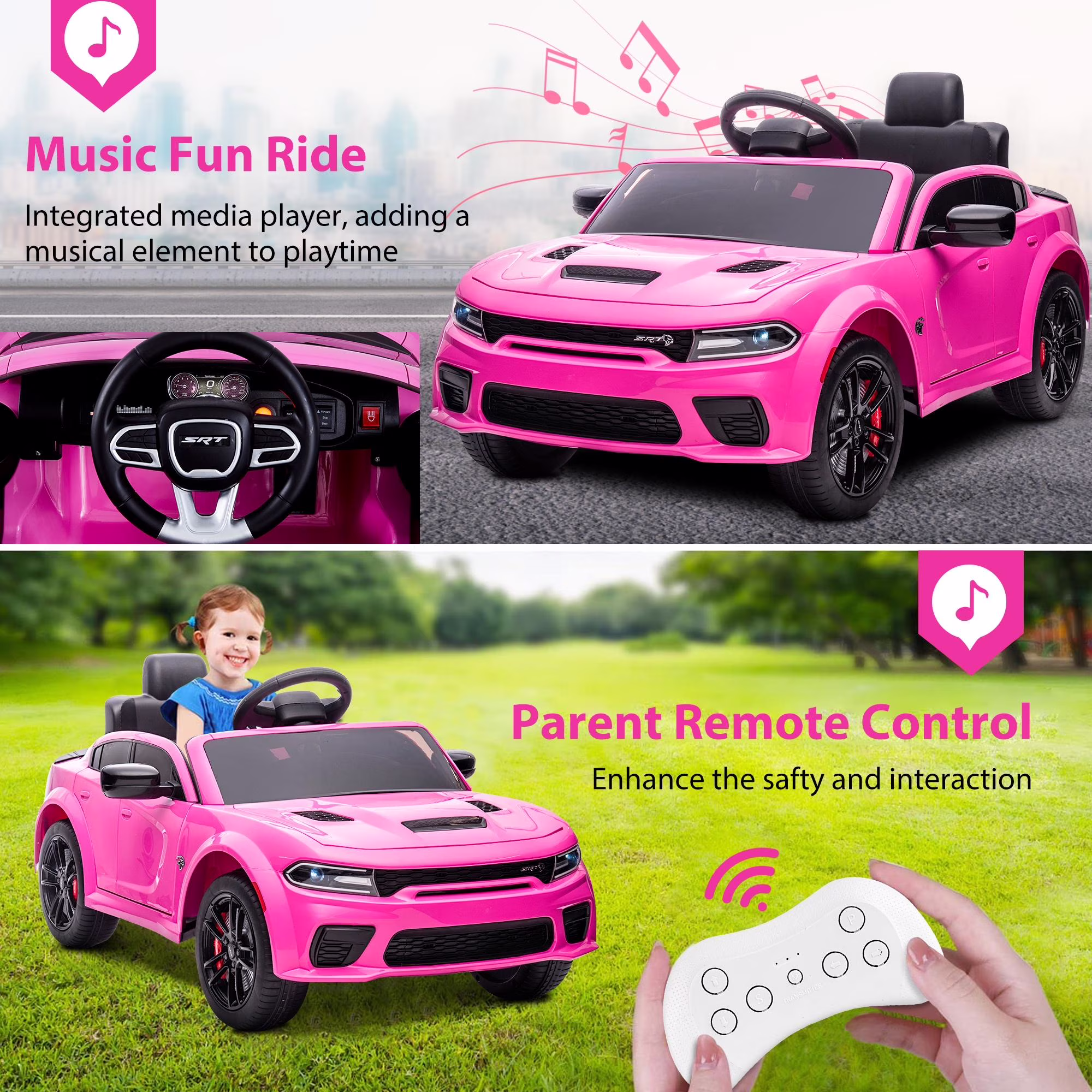Ucades 12V Powered Ride on Toys, Licensed Dodge Charger Kids Ride on Cars with Remote Control, Kids Electric Cars with Bluetooth, Music, USB, MP3, 4 Wheel Suspension, Pink - Image 3