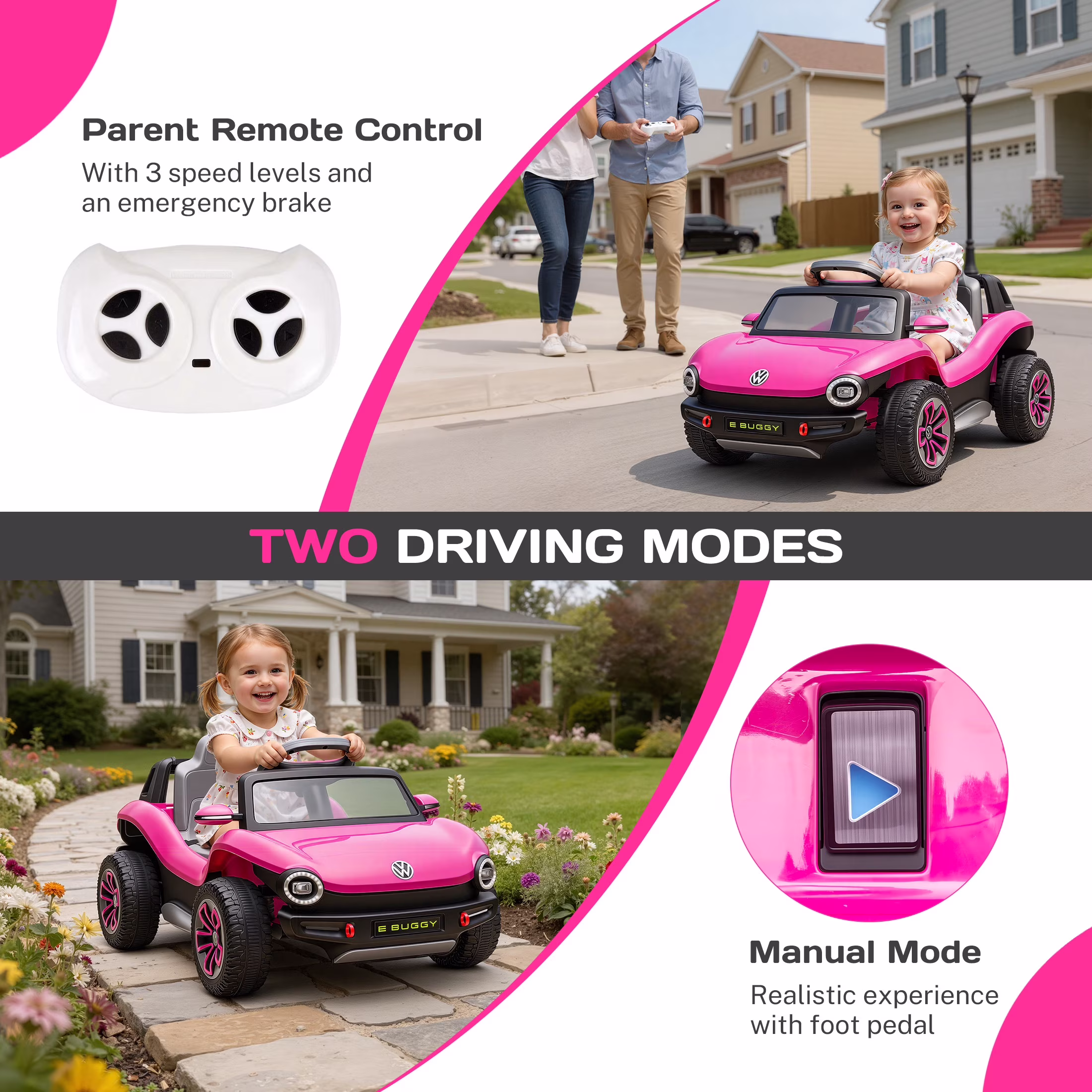 Ucades 12V Ride on Toys, Licensed Volkswagen Beetle Powered Ride on Cars with Remote Control, Bluetooth, USB Port, Music, Rear Storage, Electric Cars for Kids Boys Girls Ages 3-6, Pink - Image 2