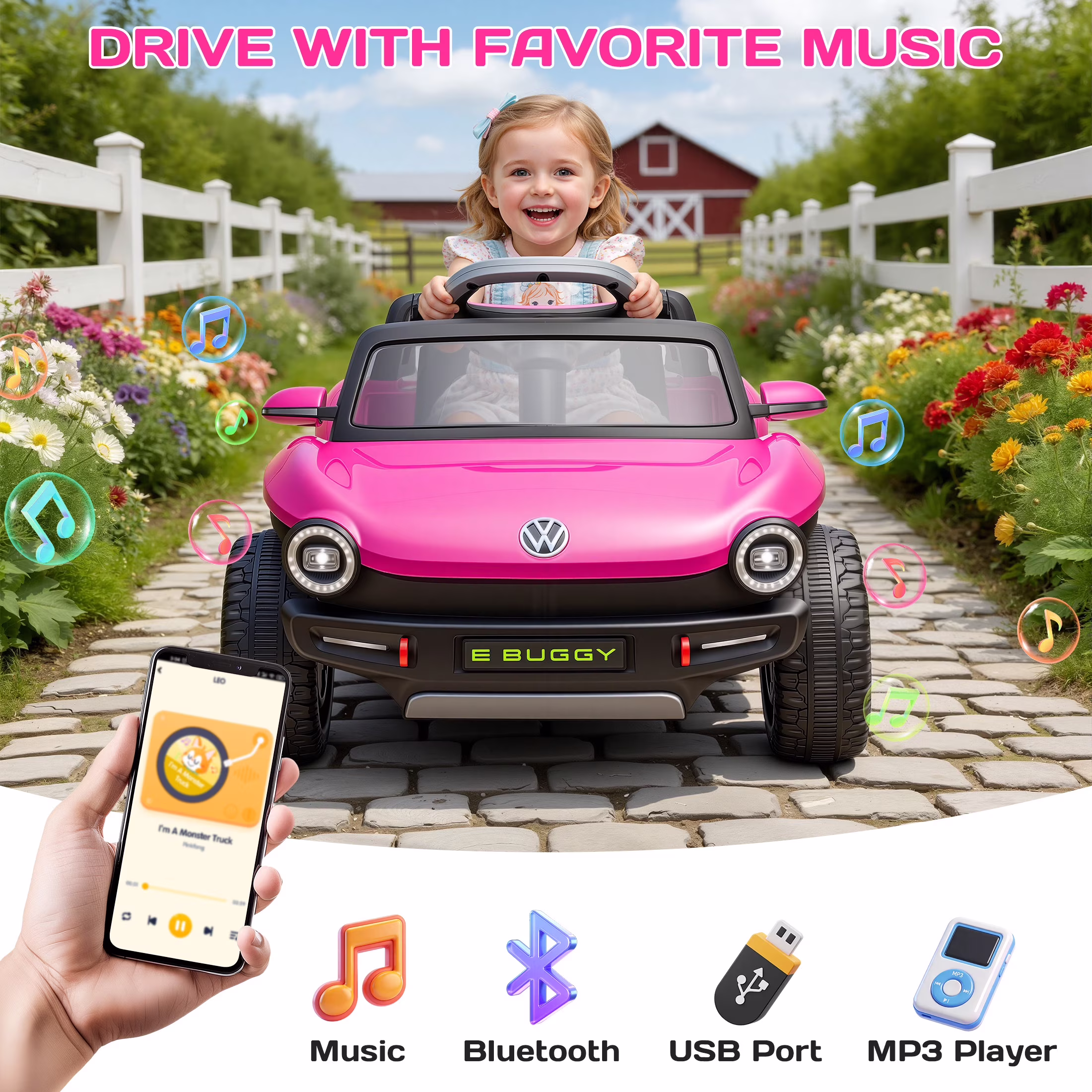 Ucades 12V Ride on Toys, Licensed Volkswagen Beetle Powered Ride on Cars with Remote Control, Bluetooth, USB Port, Music, Rear Storage, Electric Cars for Kids Boys Girls Ages 3-6, Pink - Image 3