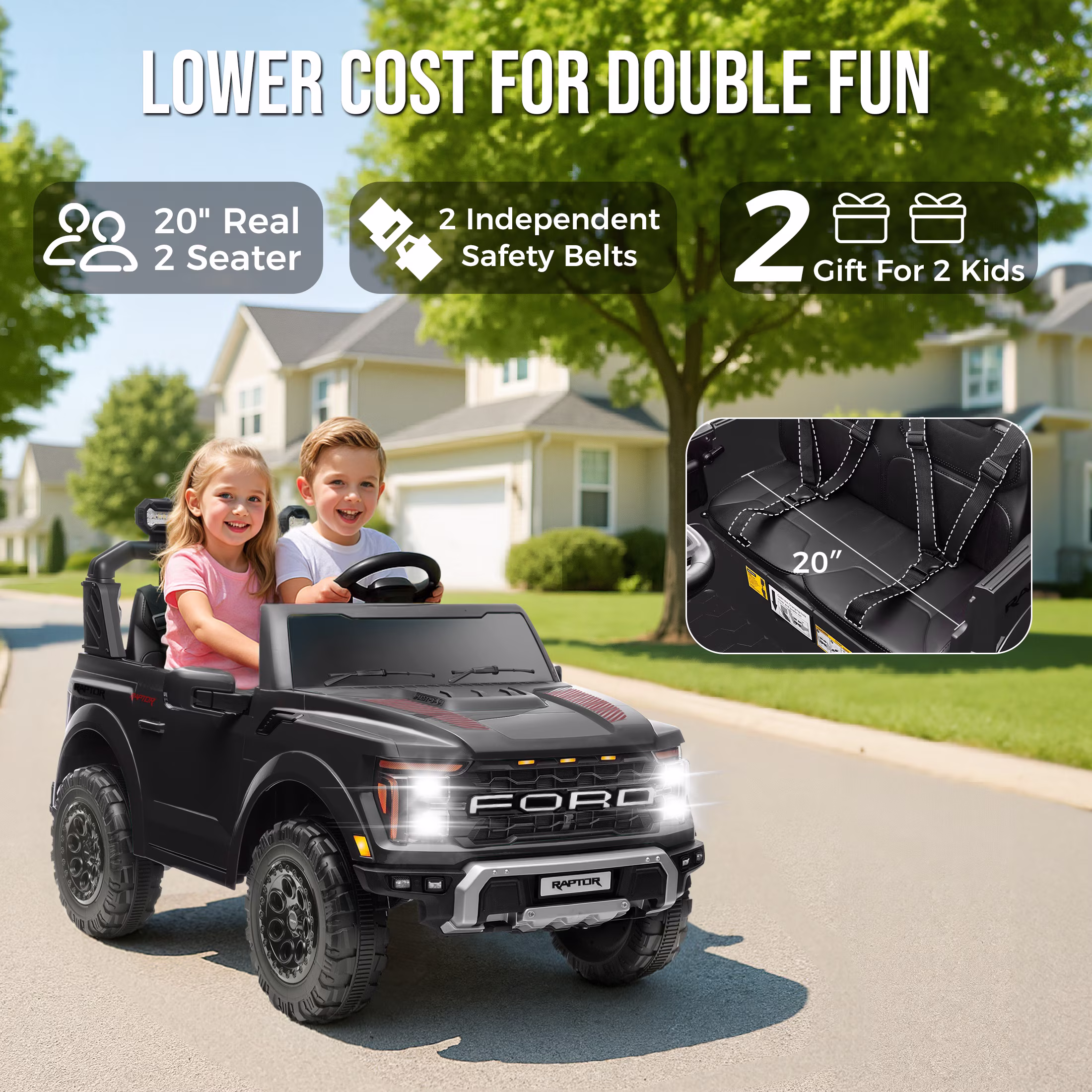 Ucades 24V Ford F-150 Raptor Powered Ride on Truck, 2 Seater Ride on Car Toy with Remote Control, 4-Wheel Suspension, Ages 3-8, Black - Image 2