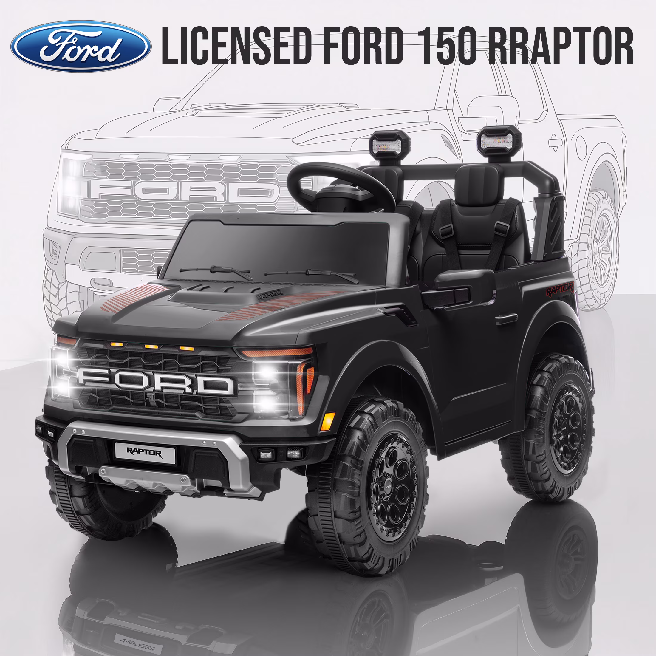 Ucades 24V Ford F-150 Raptor Powered Ride on Truck, 2 Seater Ride on Car Toy with Remote Control, 4-Wheel Suspension, Ages 3-8, Black - Image 3