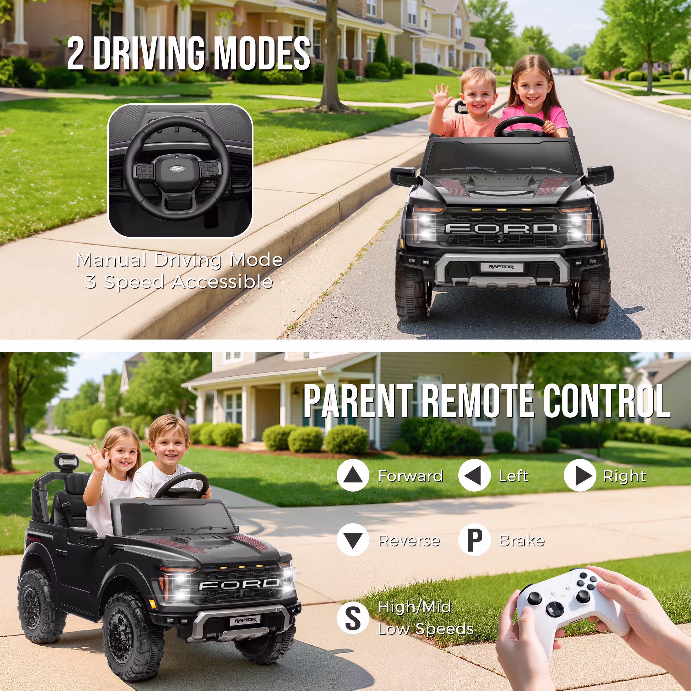 Ucades 24V Ford F-150 Raptor Powered Ride on Truck, 2 Seater Ride on Car Toy with Remote Control, 4-Wheel Suspension, Ages 3-8, Black - Image 4