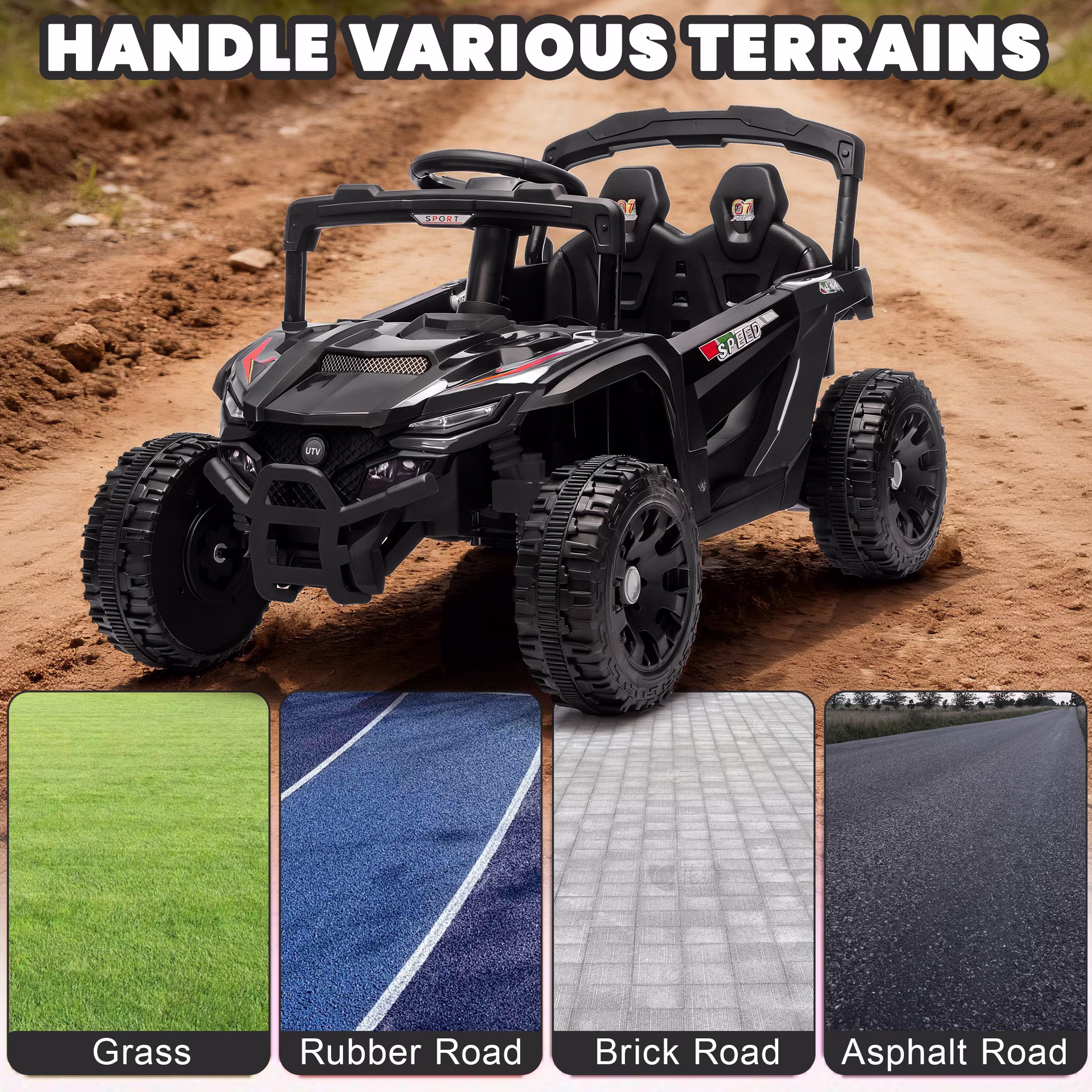 Ucades 24V Powered Ride on Car UTV, Kids Ride on Toys with Remote Control, Bluetooth, Music, 4 Wheels Suspension, LED Light, Kids Cars 4 Wheeler Electric Vehicles for Boys Girls Ages 3-5 Gifts, Black - Image 3