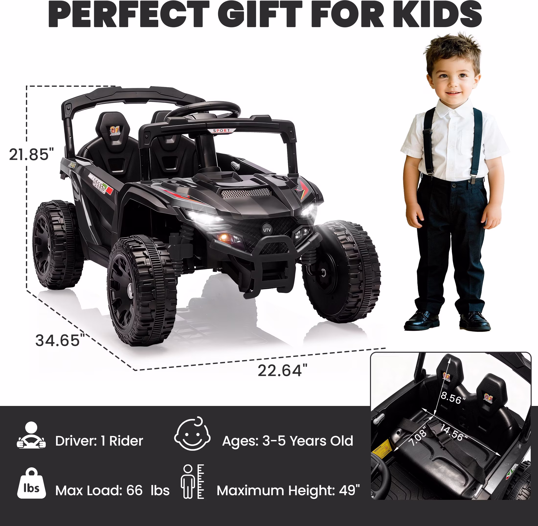 Ucades 24V Powered Ride on Car UTV, Kids Ride on Toys with Remote Control, Bluetooth, Music, 4 Wheels Suspension, LED Light, Kids Cars 4 Wheeler Electric Vehicles for Boys Girls Ages 3-5 Gifts, Black - Image 4