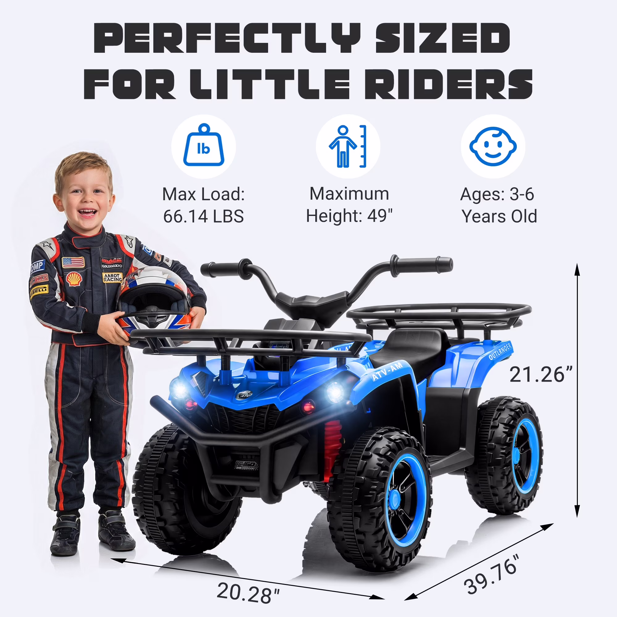 Ucades 24V Ride on ATV, Kids 4 Wheeler Ride on Car Toy with Bluetooth, Music, LED Lights, Storage Racks, Crash Bars, Ages 3-5, Blue - Image 2