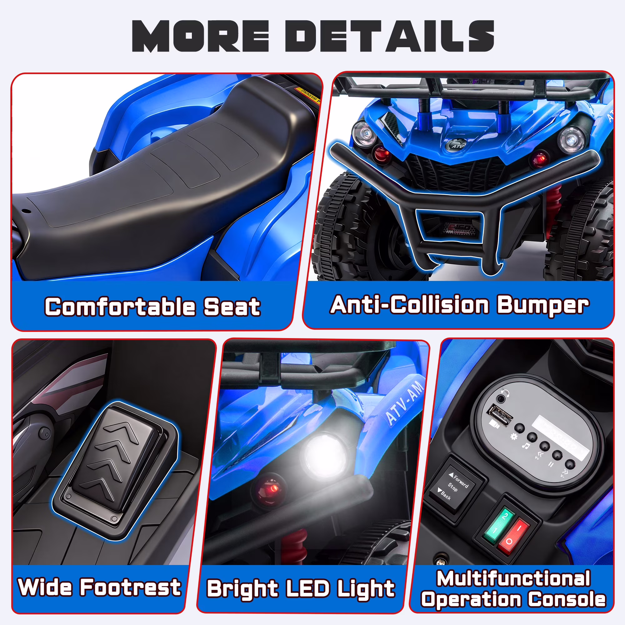 Ucades 24V Ride on ATV, Kids 4 Wheeler Ride on Car Toy with Bluetooth, Music, LED Lights, Storage Racks, Crash Bars, Ages 3-5, Blue - Image 5
