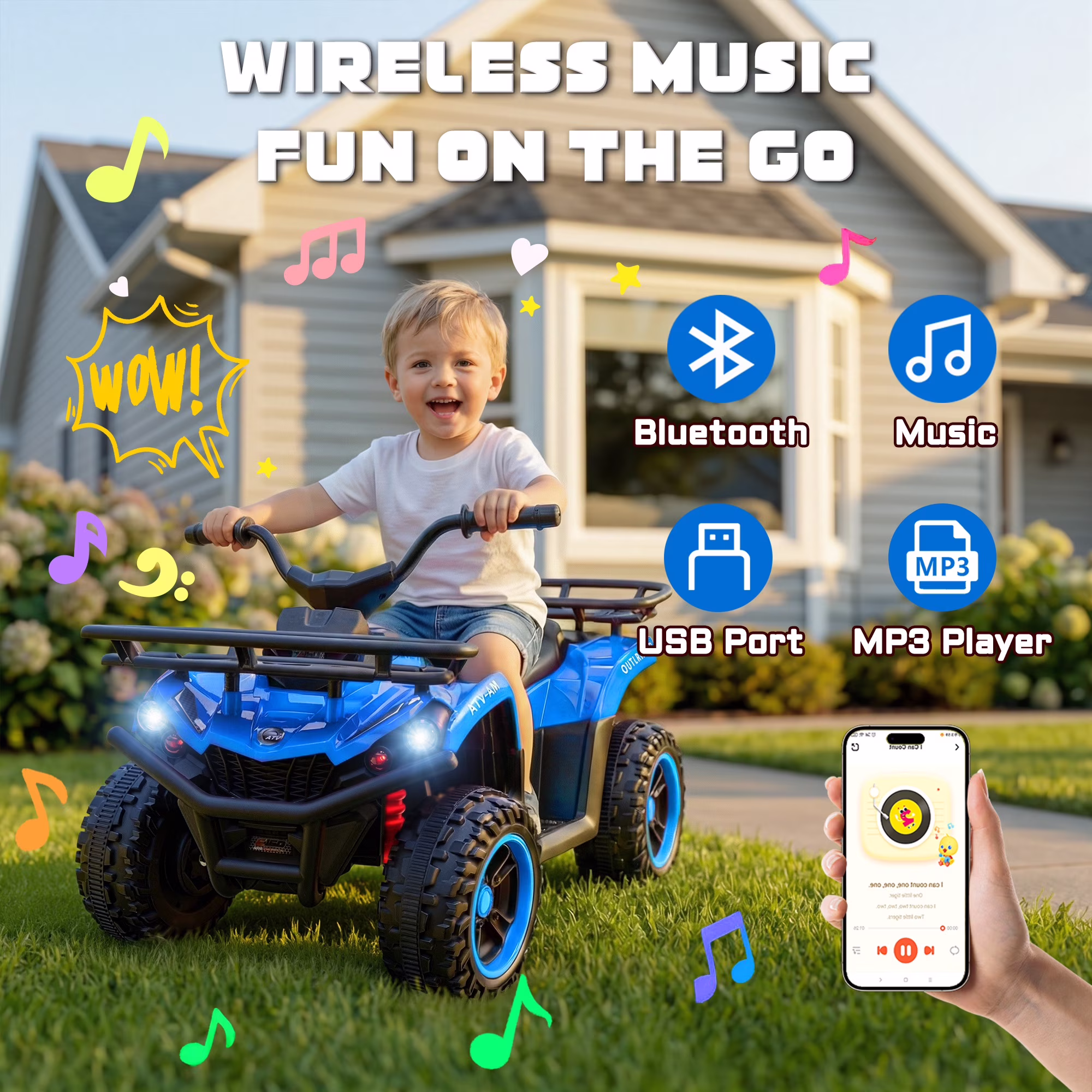 Ucades 24V Ride on ATV, Kids 4 Wheeler Ride on Car Toy with Bluetooth, Music, LED Lights, Storage Racks, Crash Bars, Ages 3-5, Blue - Image 4