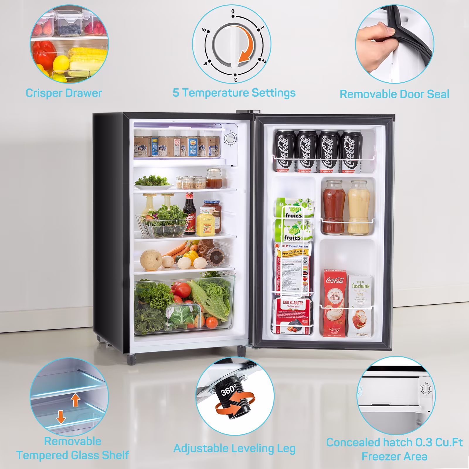 Upgraded Mini Fridge with Freezer, Compact Single Door, 3.2 Cu.Ft, Adjustable Thermostat, Low Noise, Perfect for Bedroom, Dorm, Office, 17.5" D x 17.7" W x 31.5" H, Black - Image 2