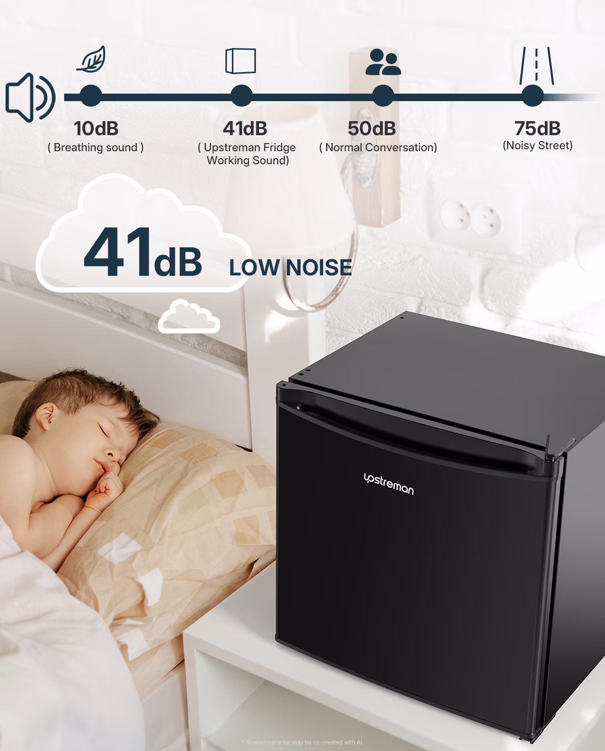 Upstreman 1.7 Cu ft Mini Fridge with Freezer Single Door Compact Refrigerator, Low Noise, Energy Saving, Adjustable Temperature, Reversible Door, for Home Office Dorm, Black FR17 - Image 4