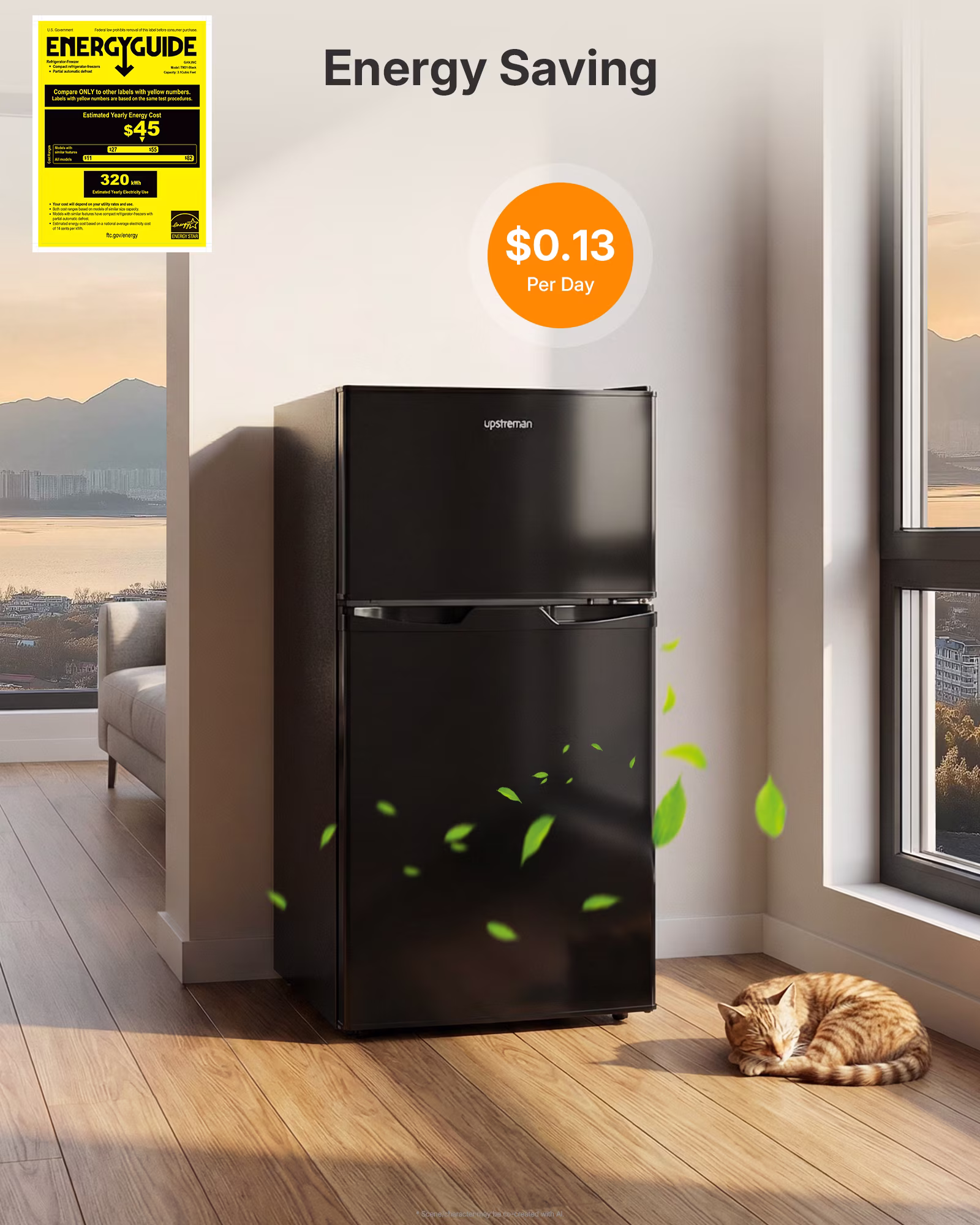 Upstreman 3.1 Cu. Ft Compact Refrigerator with Freezer, Double Door Mini Fridge Cooler Small Refrigerator, Adjustable Thermostat, Energy Star, Low Noise, TM31 Black - Image 2