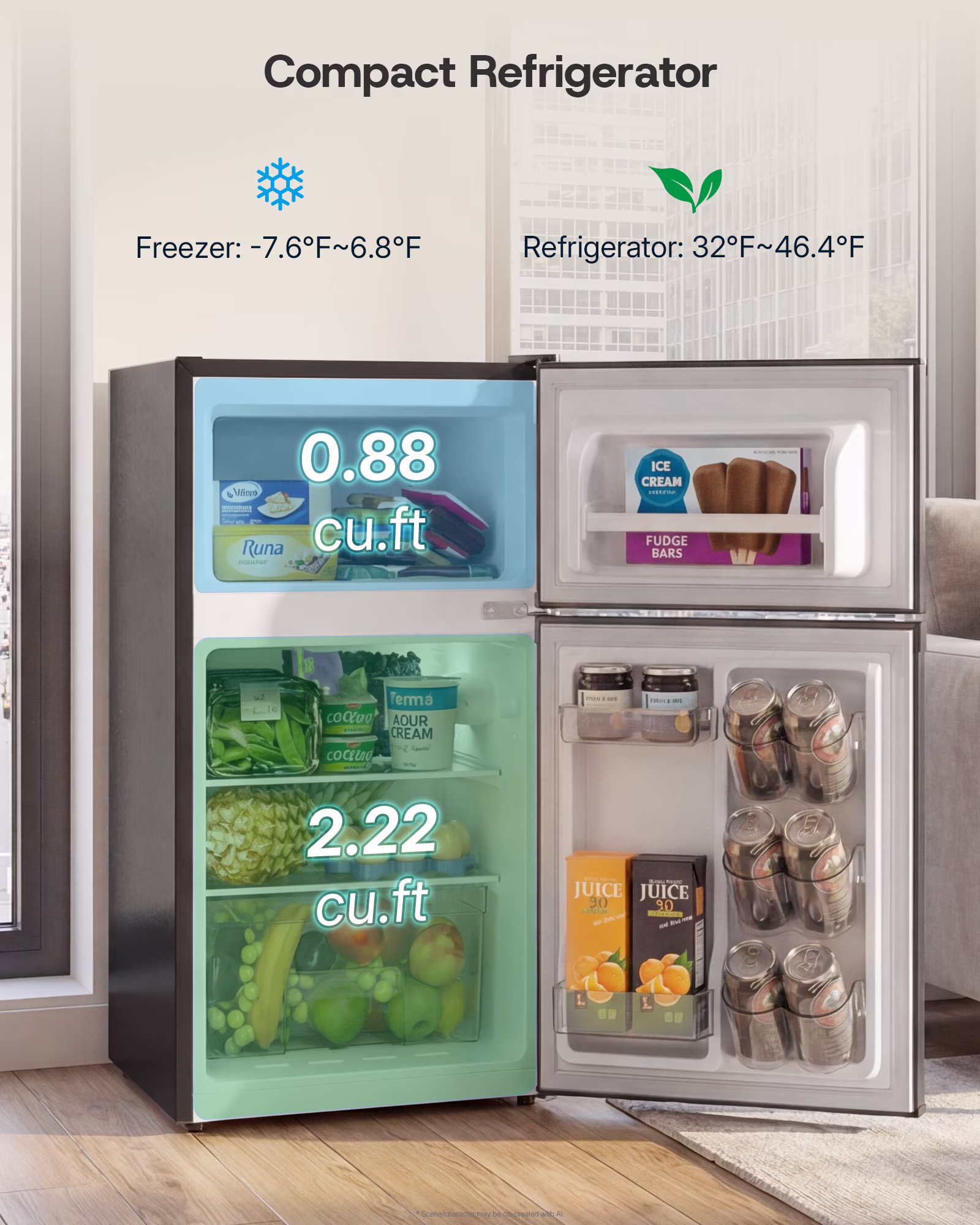 Upstreman 3.1 Cu. Ft Compact Refrigerator with Freezer, Double Door Mini Fridge Cooler Small Refrigerator, Adjustable Thermostat, Energy Star, Low Noise, TM31 Black - Image 4