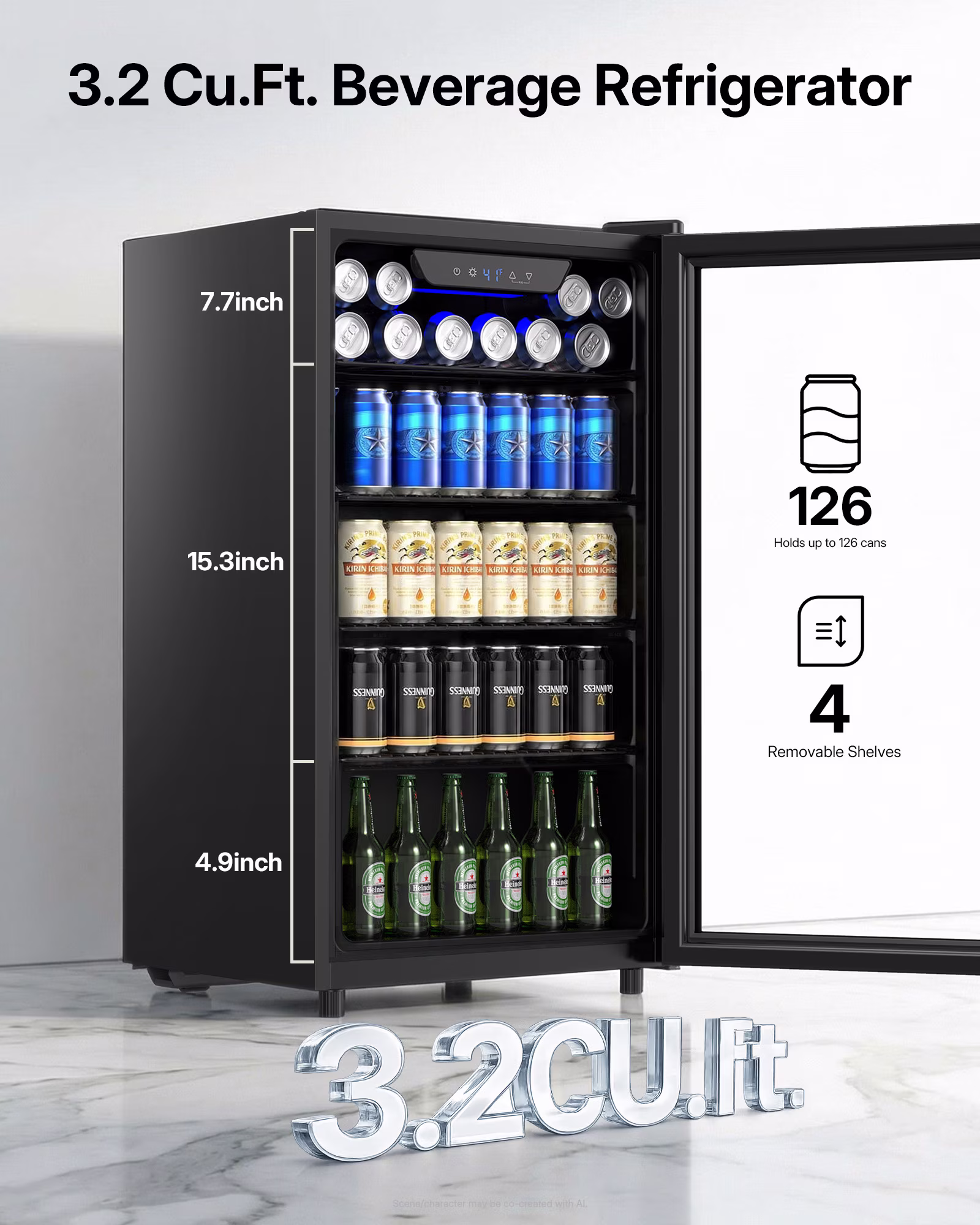 Upstreman 3.2 Cu.ft Beverage Refrigerator, 126 Can Mini Fridge with Glass Door, Wine Cooler Drink Fridge for Soda Wine Beer, Touch Temperature Control Panel, for Bar Office Home, B126-F Black - Image 5