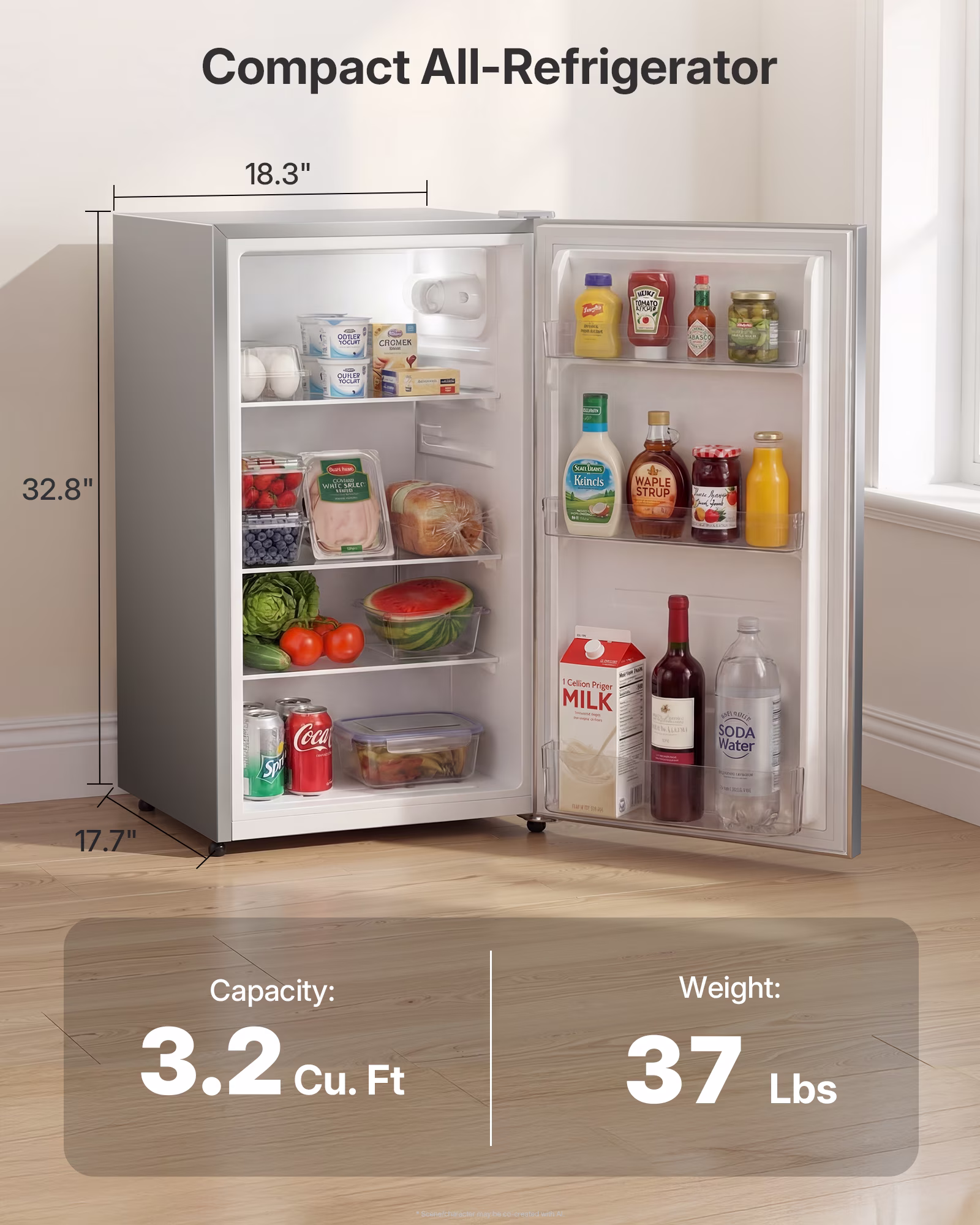 Upstreman 3.2 Cu ft Mini Fridge Without Freezer, Single Door Small Refrigerator No Freezer, Freezerless All-Refrigerator Cooler for Kitchen Office Bedroom Dorm, Silver CR32 - Image 5