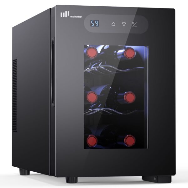 Upstreman 6 Bottle Wine Refrigerator, Thermoelectric Wine Cooler Glass Door Wine Fridge Compact Wine Cellar for Home Bar Office, 41-66°F Temp Control, LED Light, Quiet & Energy Efficient