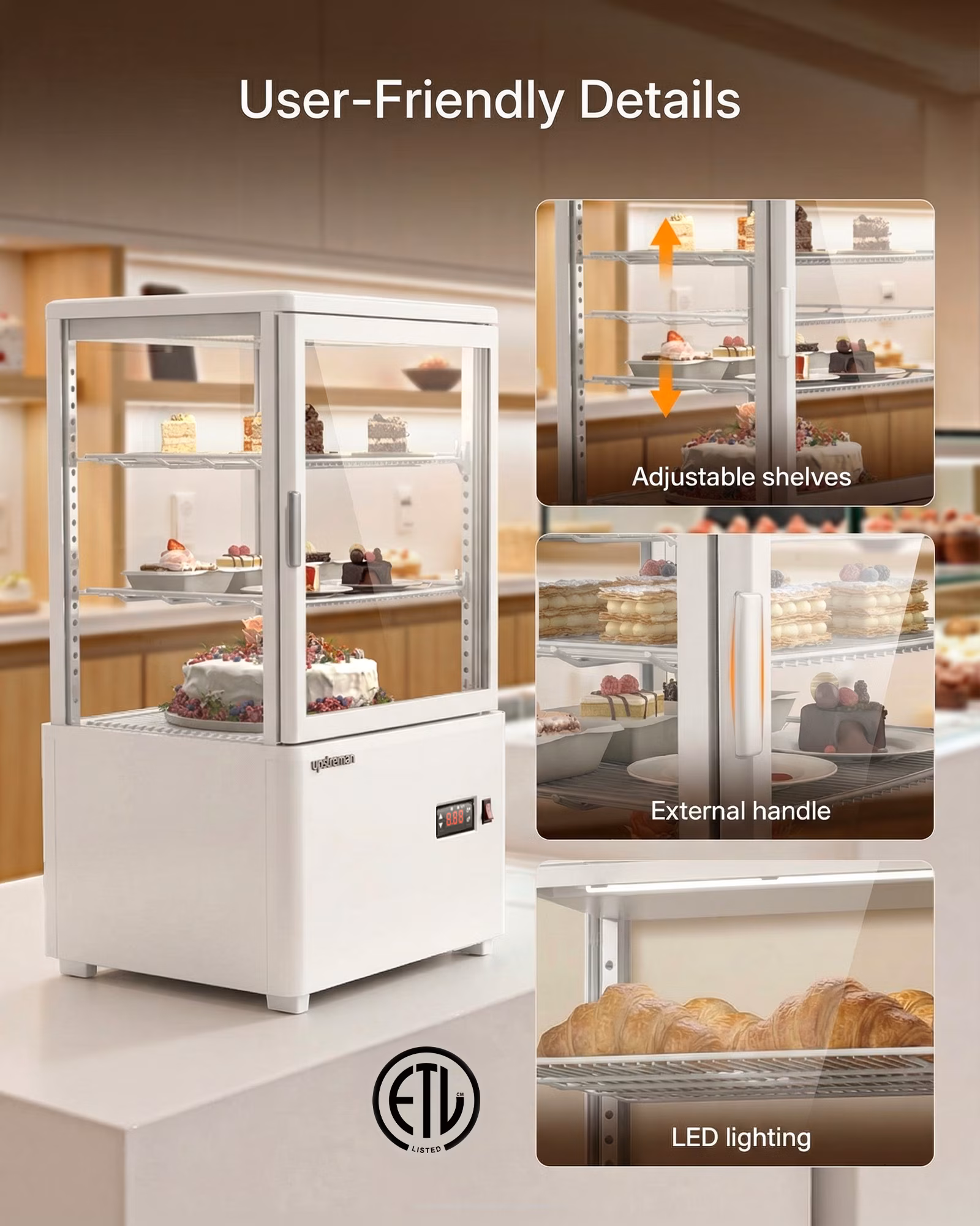 Upstreman Countertop Pastry Refrigerated Display Case, 2.0 Cu.Ft/56L Commercial Display Refrigerator 3-Tier Cake Fridge, CD20 White - Image 4