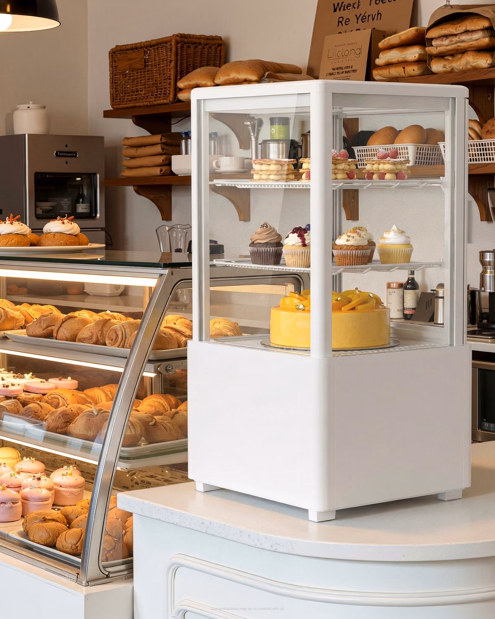 Upstreman Countertop Pastry Refrigerated Display Case, 2.0 Cu.Ft/56L Commercial Display Refrigerator 3-Tier Cake Fridge, CD20 White - Image 5