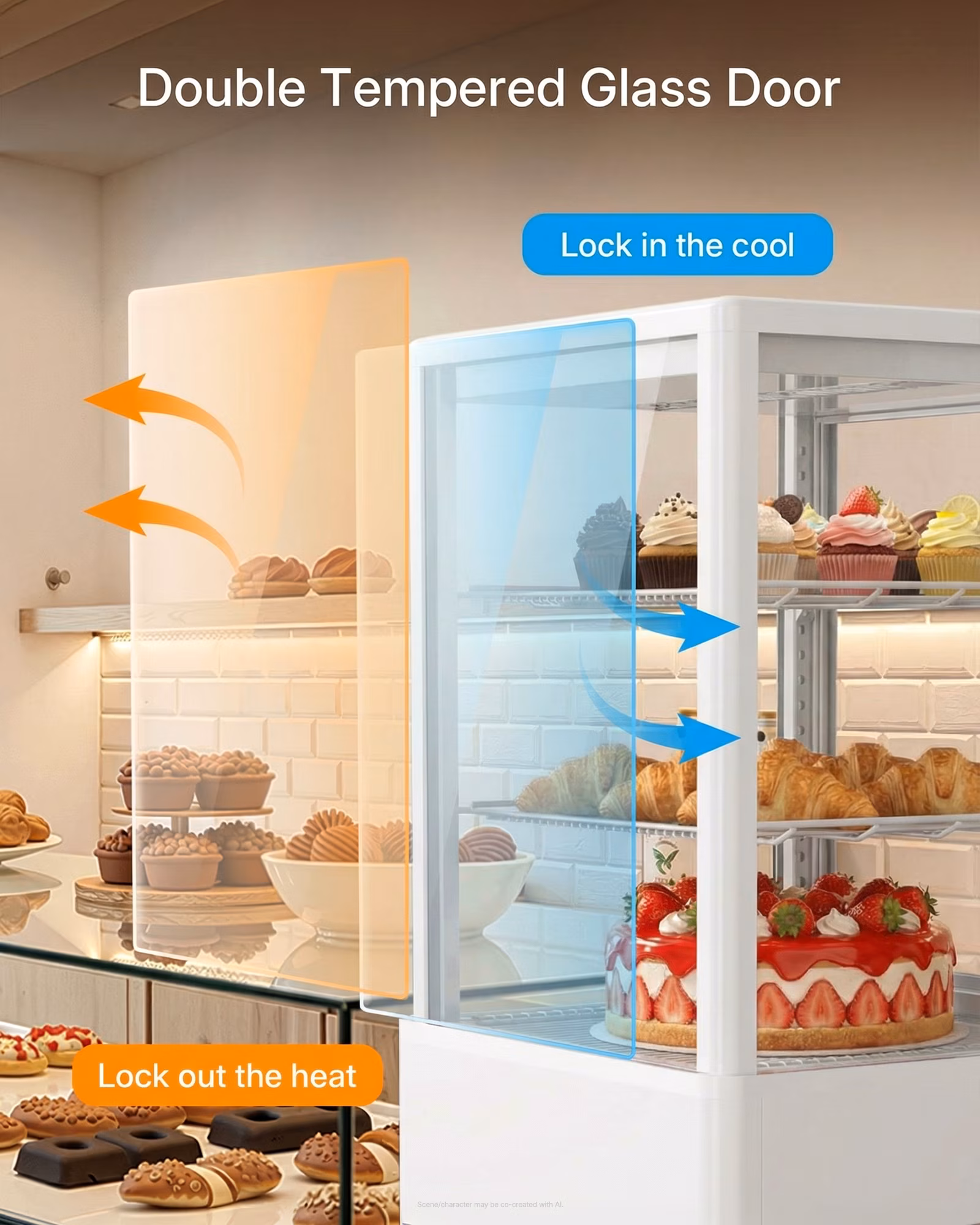 Upstreman Countertop Pastry Refrigerated Display Case, 2.0 Cu.Ft/56L Commercial Display Refrigerator 3-Tier Cake Fridge, CD20 White - Image 3