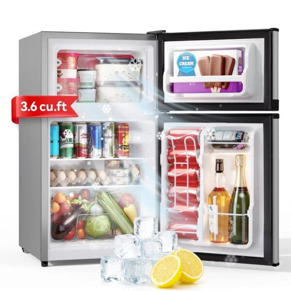 UrbanSync 3.6 Cu.ft Mini Fridge with Freezer, 2 Doors, 7 Setting Adjustable Thermostat, Adjustable Shelves, Ideal for Dorm, Offices, Bedrooms (Silver, Classic)