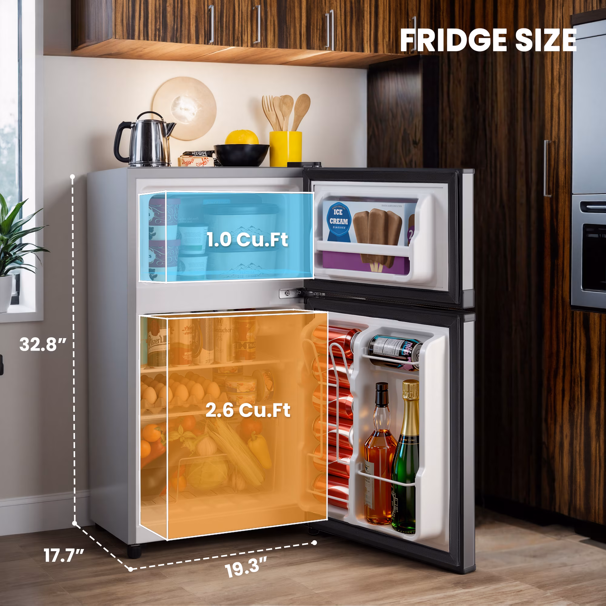 UrbanSync 3.6 Cu.ft Mini Fridge with Freezer, 2 Doors, 7 Setting Adjustable Thermostat, Adjustable Shelves, Ideal for Dorm, Offices, Bedrooms (Silver, Classic) - Image 3