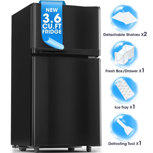 UrbanSync 3.6 Cu.Ft Mini Fridge with Freezer, 2 Doors, Small Refrigerator with Adjustable Shelves for Kitchen, Dorm, Office and Bedroom(Black)