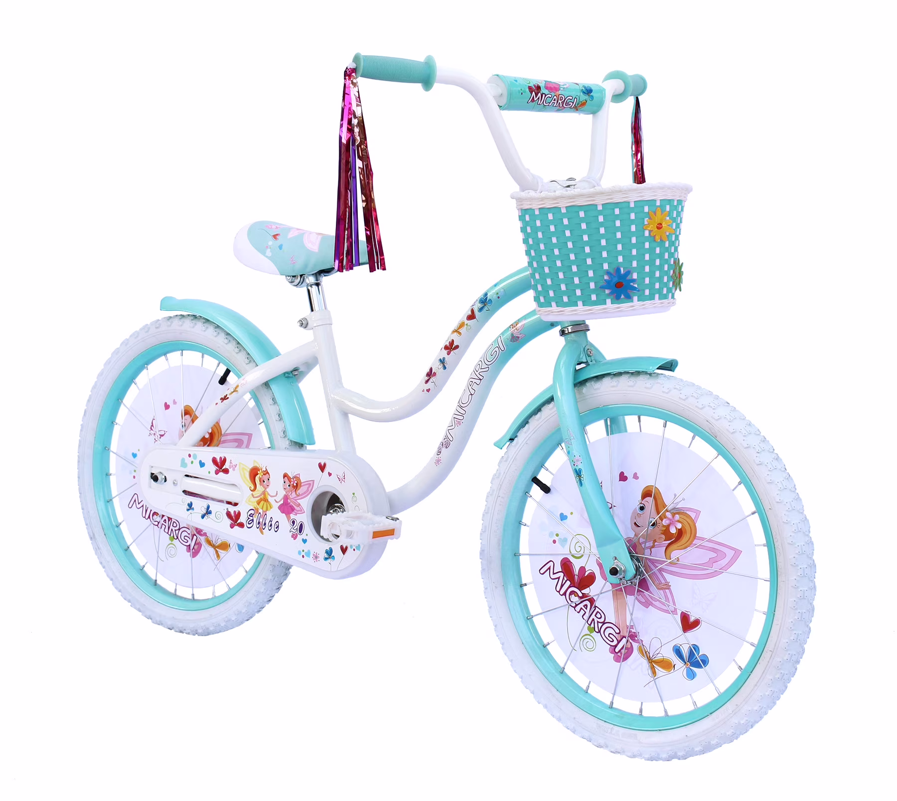 USToyOutlet 20" Cruiser Steel Frame Bicycle Coaster Brake One Piece Crank, White Full cover Chain Guard, Baby Blue Basket, Fenders & Rims, White Tire Kid's Bike - White/Baby Blue