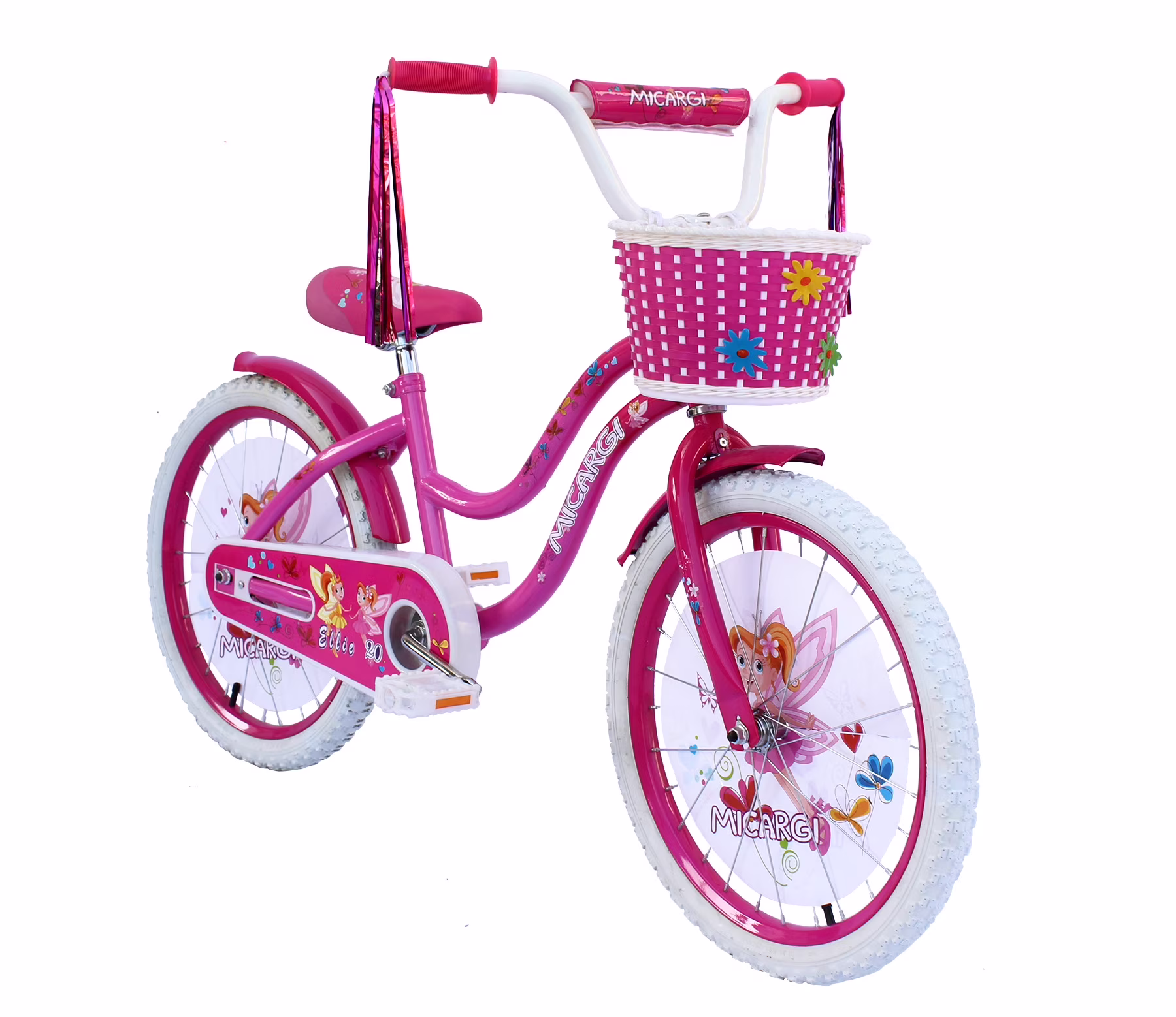 USToyOutlet 20 In. Cruiser Steel Frame Bicycle Coaster Brake One Piece Crank, White, Pink Full cover Chain Guard, Pink Basket, Fenders and Rims, White Tire Kid's Bike - Pink and Hot Pink