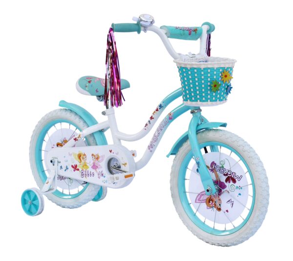 PlayWorld 16" Cruiser Steel Frame Bicycle Coaster Brake One Piece Crank, White Full cover Chain Guard, Baby Blue Basket, Fenders & Rims, White Tire Kid's Bike - White/Baby Blue