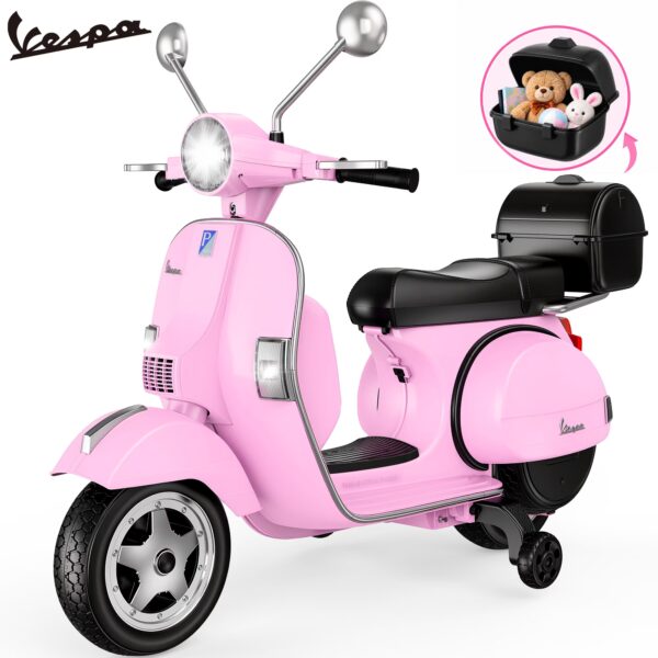 Vespa Officially Licensed 12V Kids Ride On Motorcycle, Dual 100W Motors Electric Scooter with Training Wheels, PU Seat, Storage Trunk, Music & LED Lights, Ages 3-6, Pink