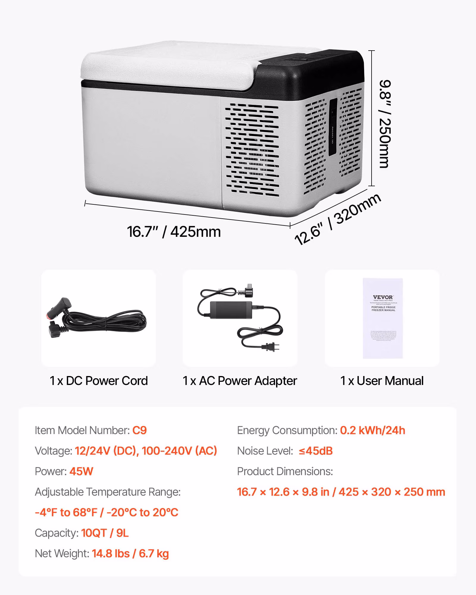VEVOR 12 Volt Refrigerator 10 Qt, Portable Mini Freezer (-4℉~68℉) with APP Control Car Compressor Fridge Cooler 12V/24V DC and 110-220V AC - Image 5