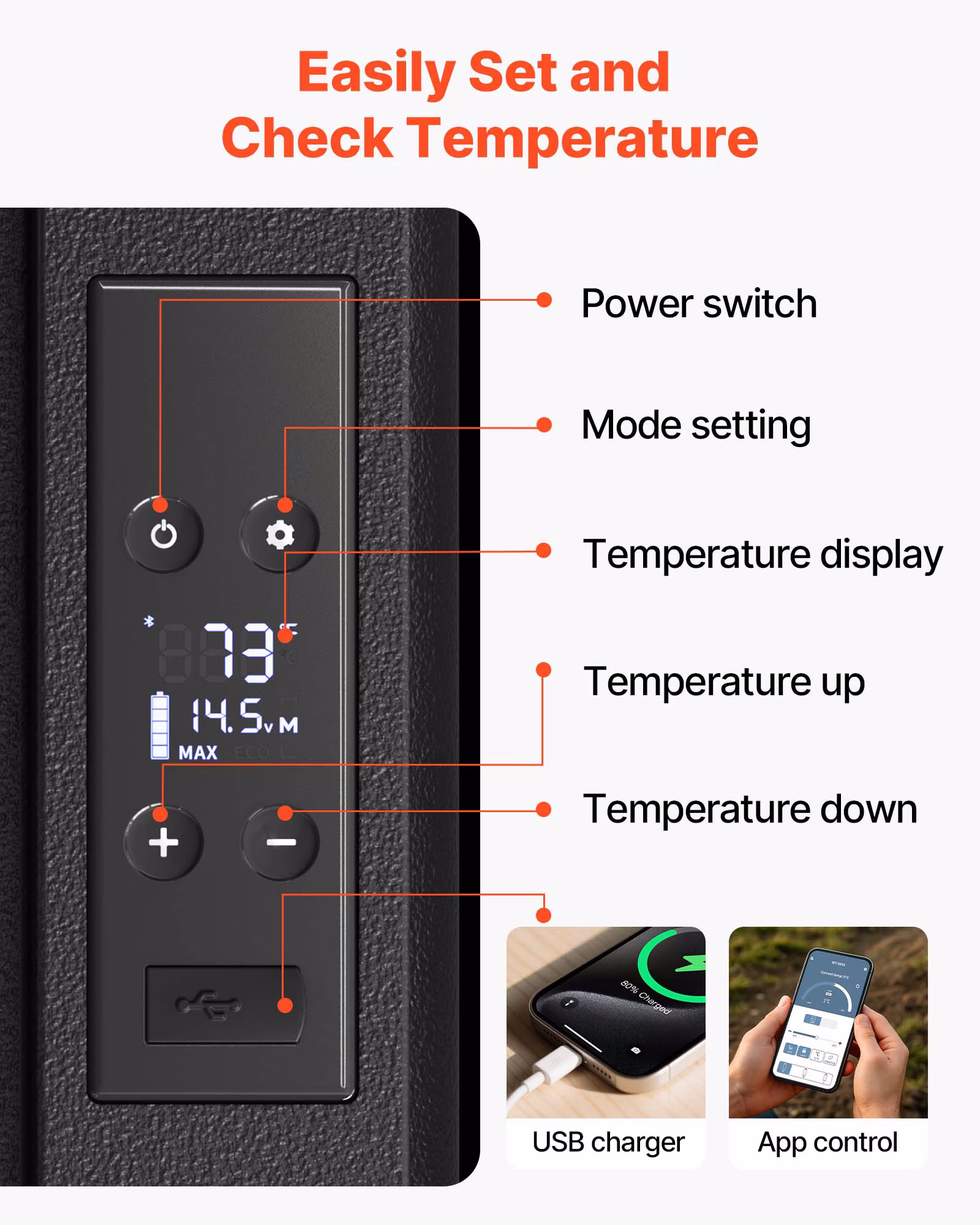VEVOR 12 Volt Refrigerator 10 Qt, Portable Mini Freezer (-4℉~68℉) with APP Control Car Compressor Fridge Cooler 12V/24V DC and 110-220V AC - Image 4