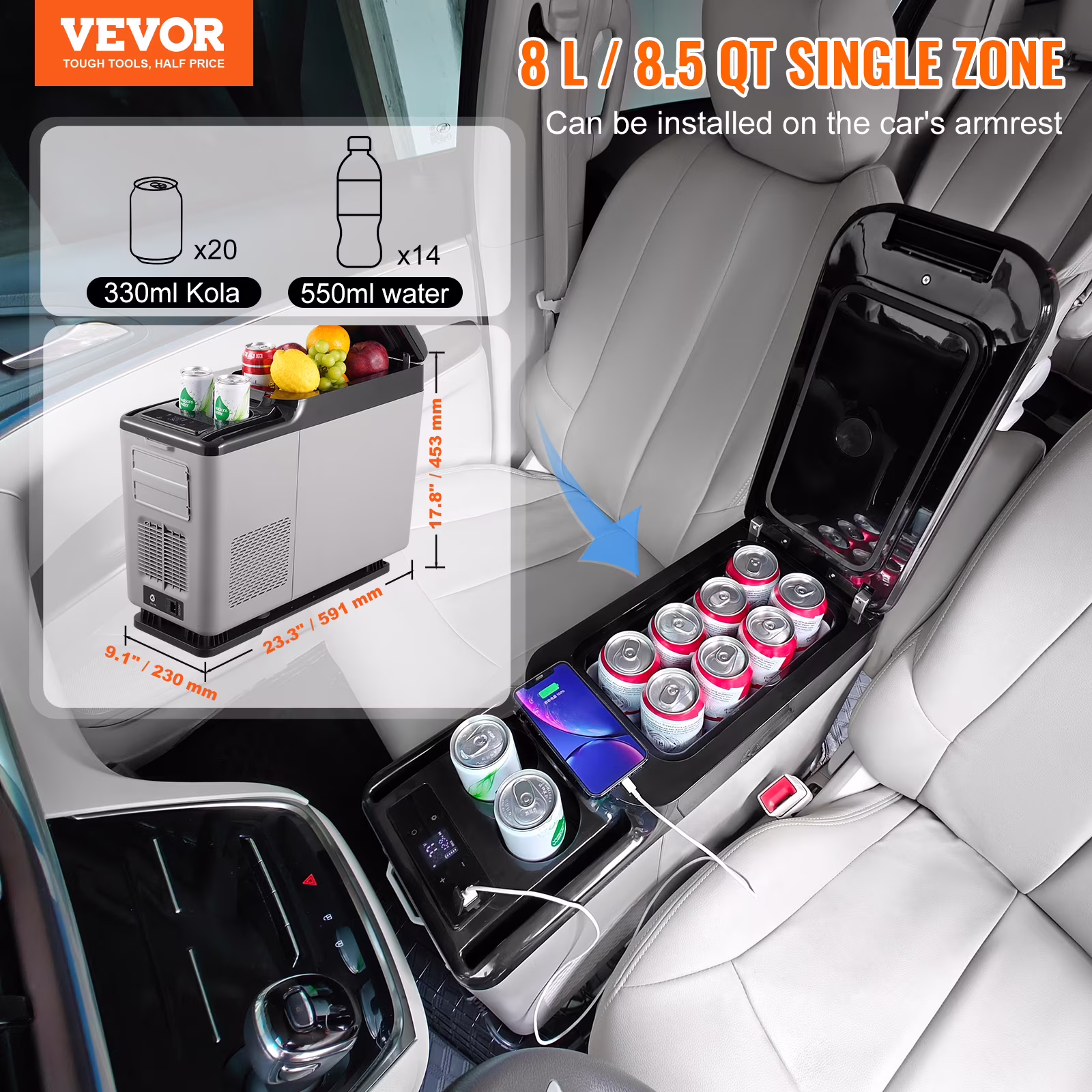 VEVOR Car Refrigerator, 12 Volt Car Armrest Refrigerator Fridge, 15 L Single Zone Portable Freezer, -4℉-68℉ Adjustable Range, 12/24V DC and 100-240V AC Compressor - Image 5