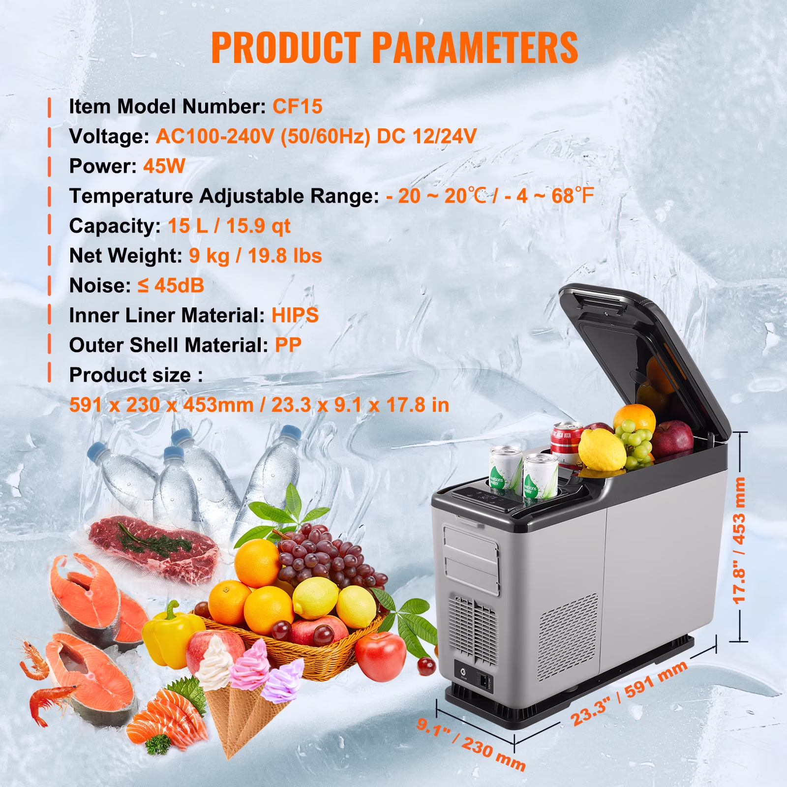 VEVOR Car Refrigerator, 12 Volt Car Armrest Refrigerator Fridge, 15 L Single Zone Portable Freezer, -4℉-68℉ Adjustable Range, 12/24V DC and 100-240V AC Compressor - Image 4