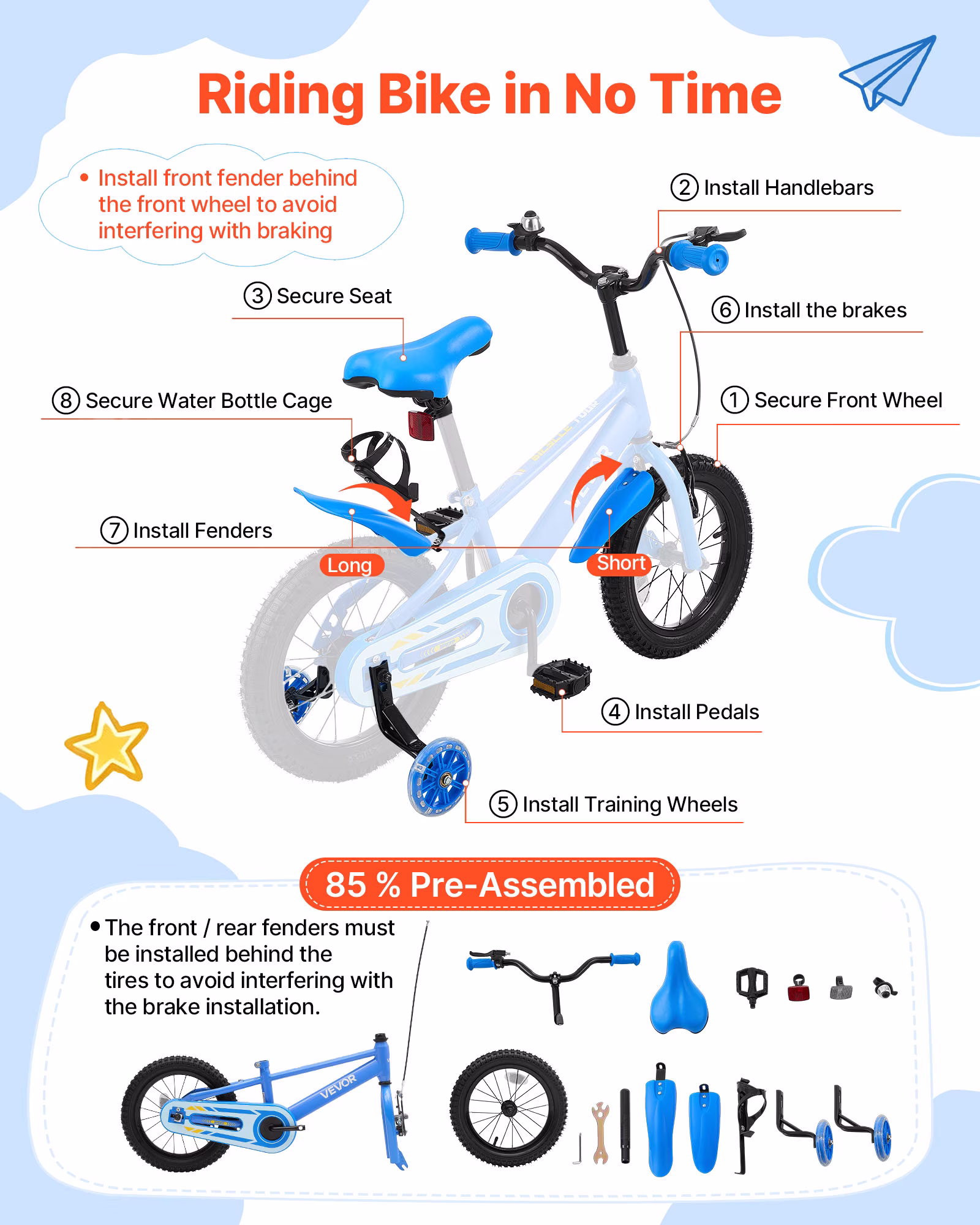 VEVOR Kids Bike, 14 Inch Children Bicycle, Training Wheels BMX Style Blue, for Boys Girls Ages 3-5, Adjustable Seat & Handlebar, Front Brake & Rear Coaster Brake, Cup Holder, High-Carbon Steel Frame - Image 3