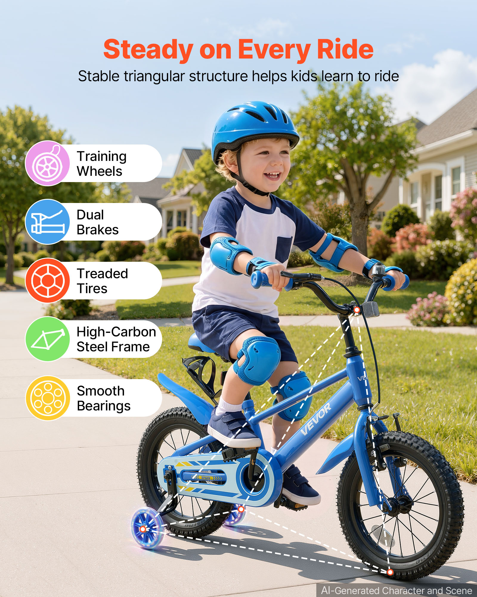 VEVOR Kids Bike, 14 Inch Children Bicycle, Training Wheels BMX Style Blue, for Boys Girls Ages 3-5, Adjustable Seat & Handlebar, Front Brake & Rear Coaster Brake, Cup Holder, High-Carbon Steel Frame - Image 2